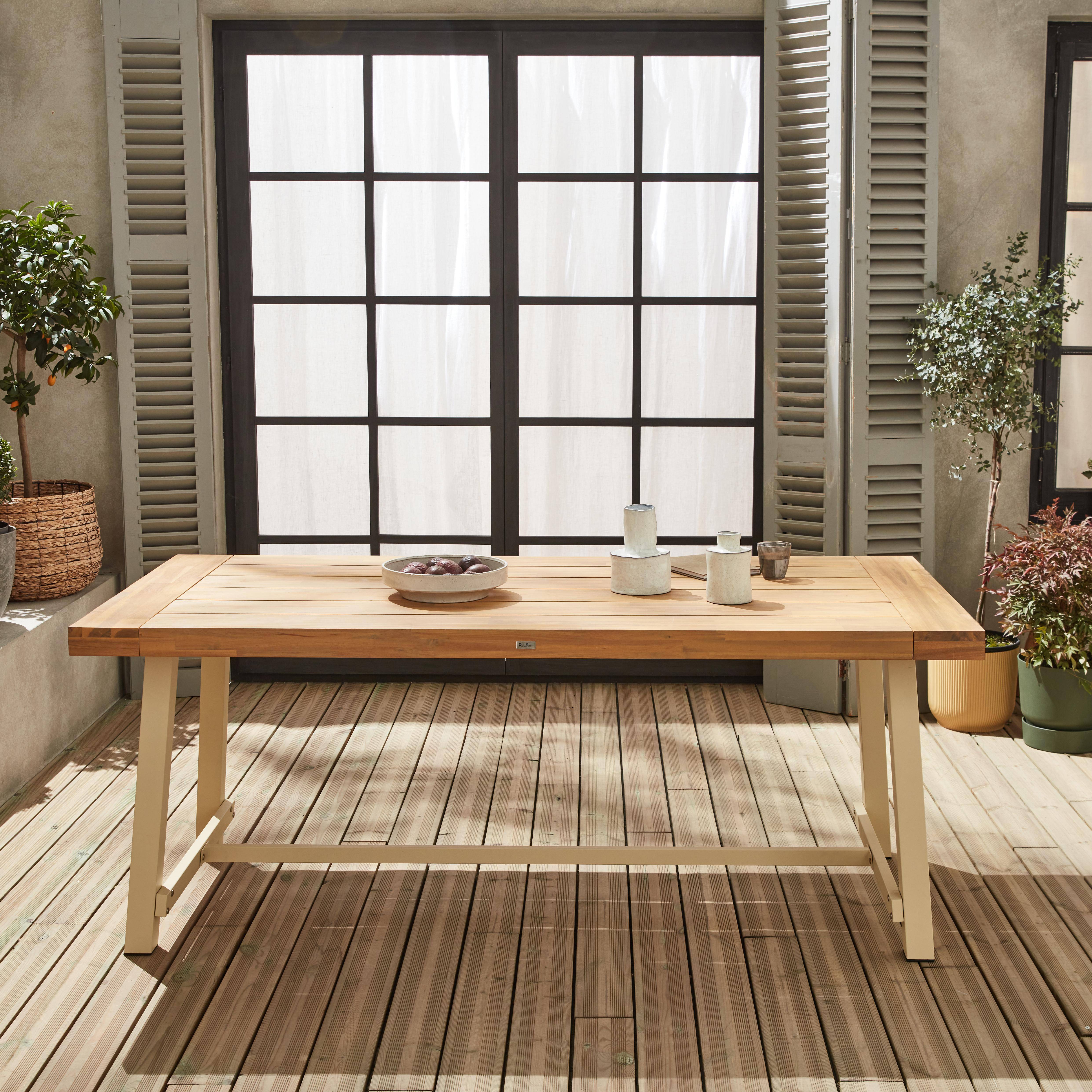 Table intérieur/extérieur en bois clair, effet teck et acier galvanisé ivoire, Fortaleza L190 x P91.5 x H76cm 6-8 places,sweeek,Photo1
