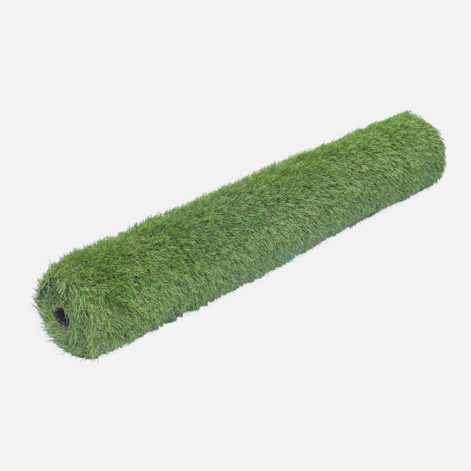 Synthetisch gras 1x4m, dragen, smaragdgroen, kaki groen en beige strengen, 35mm Photo2