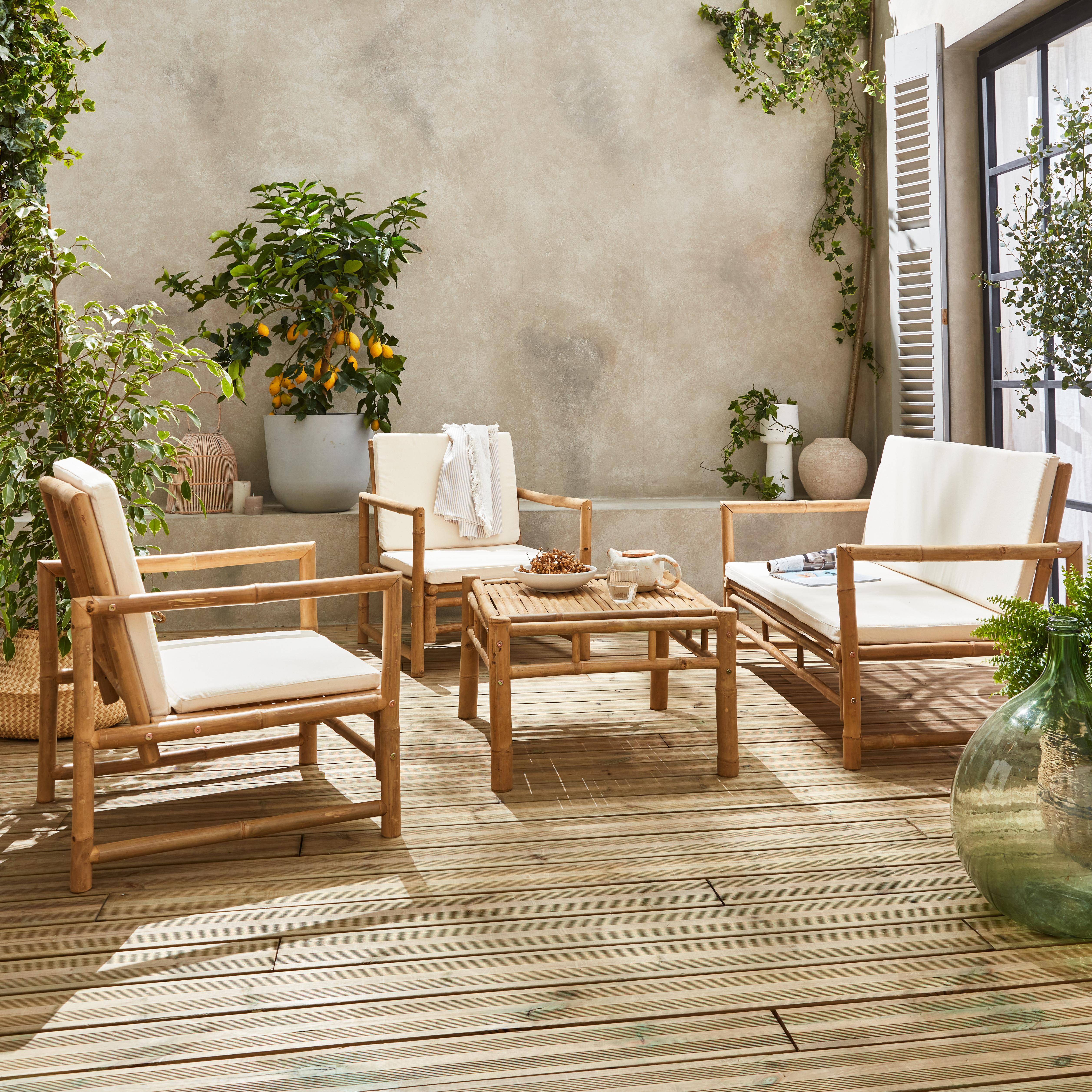 Set di mobili da giardino in bambù Manila, 4 posti, cuscini color crema,sweeek,Photo2