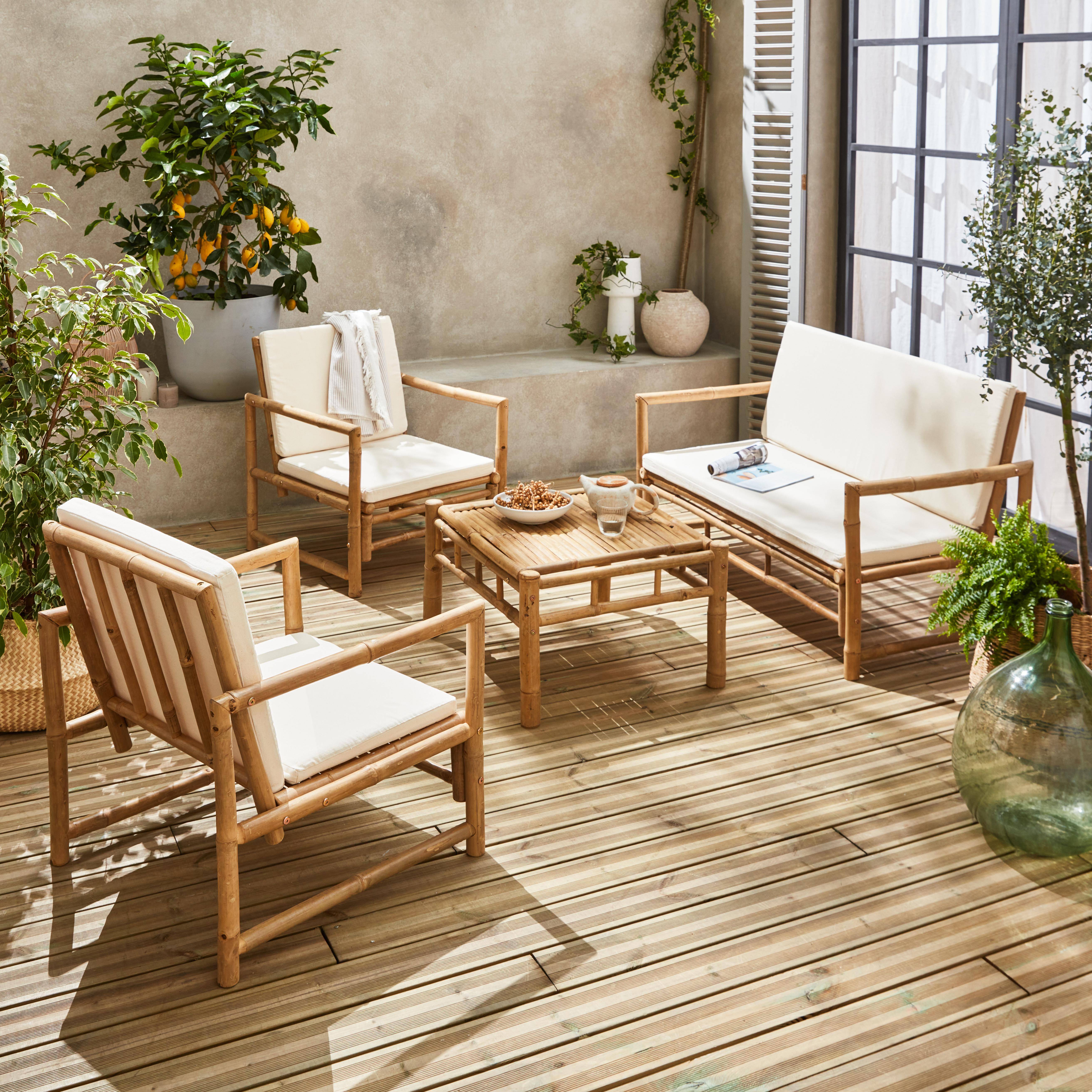 Set di mobili da giardino in bambù Manila, 4 posti, cuscini color crema,sweeek,Photo1