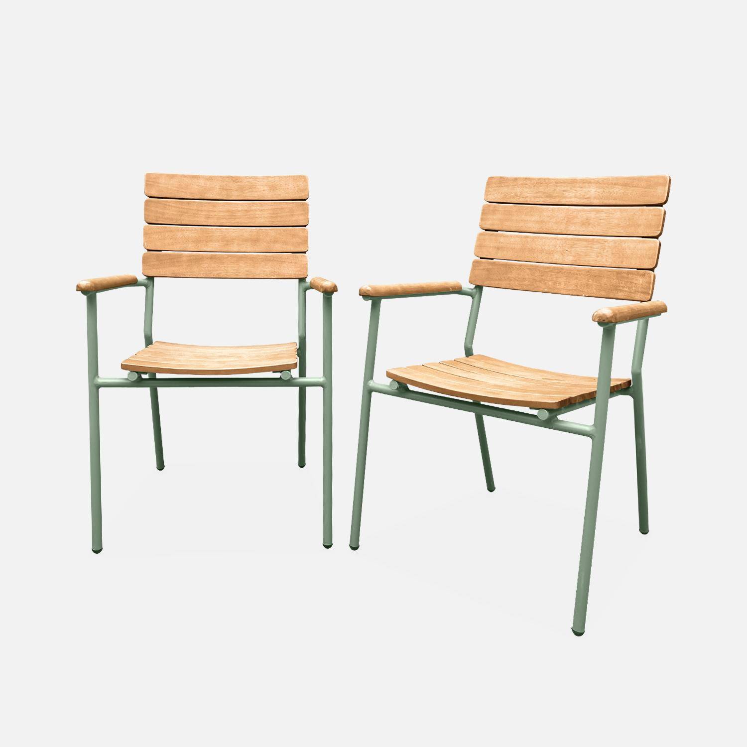 Lot de 2 chaises de jardin eucalyptus et aluminium vert d'eau, chaises empilables  Photo3