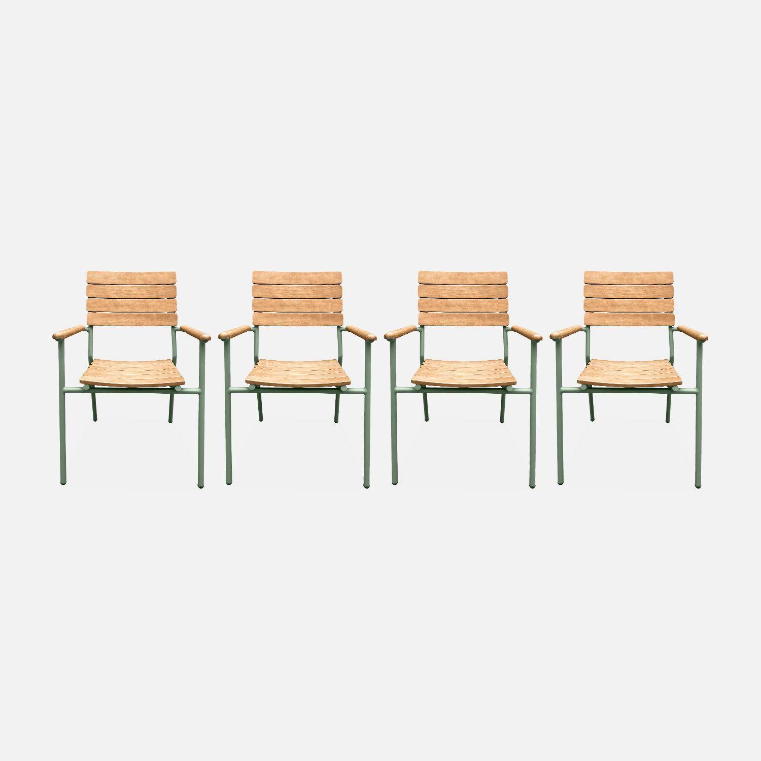 Lot de 4 chaises de jardin eucalyptus et aluminium vert d'eau, chaises empilables  Photo3