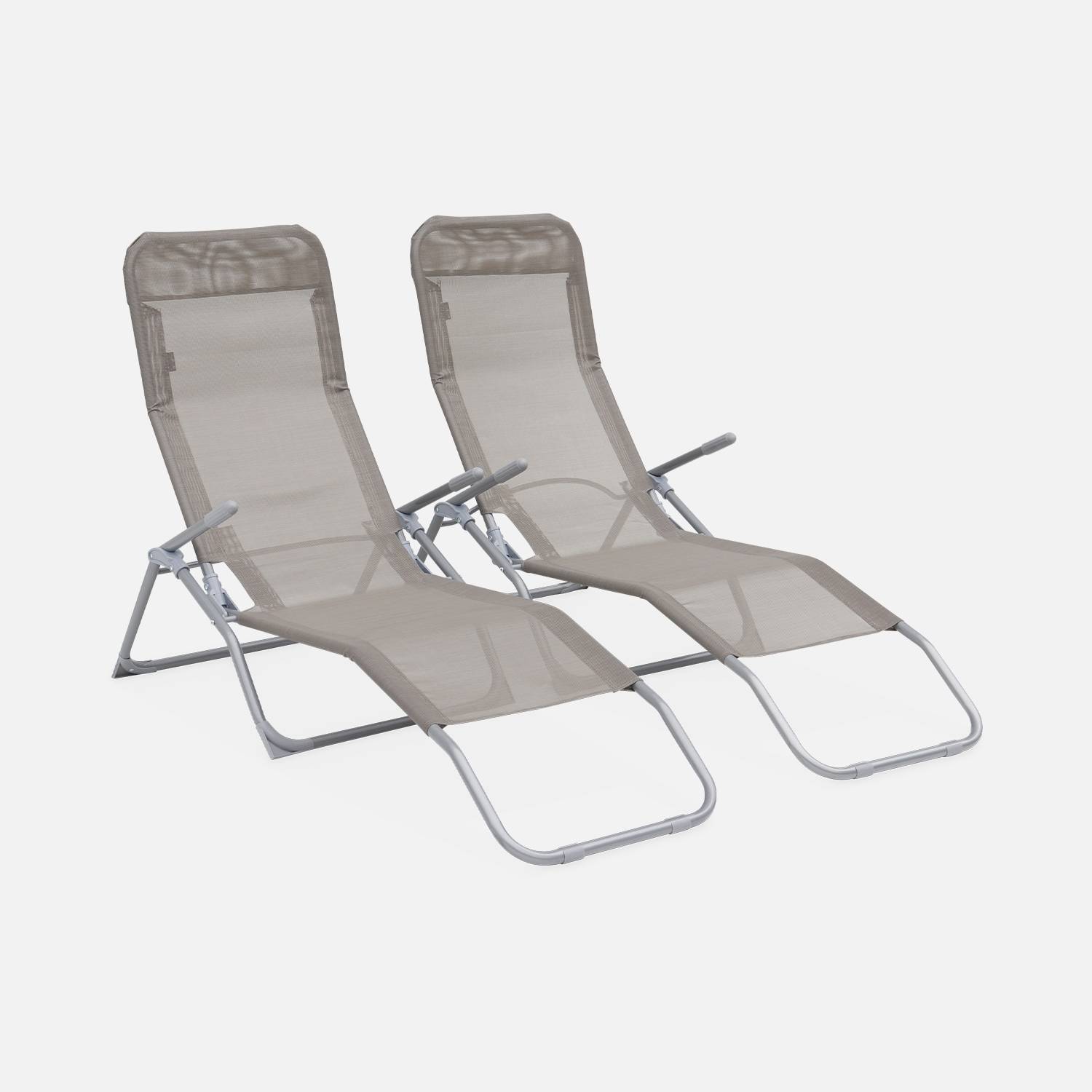 Set mit 2 klappbaren Sonnenliegen - Levito Taupegrau- Textilene-Liegestühle mit 2 Positionen, Liegestühle | sweeek