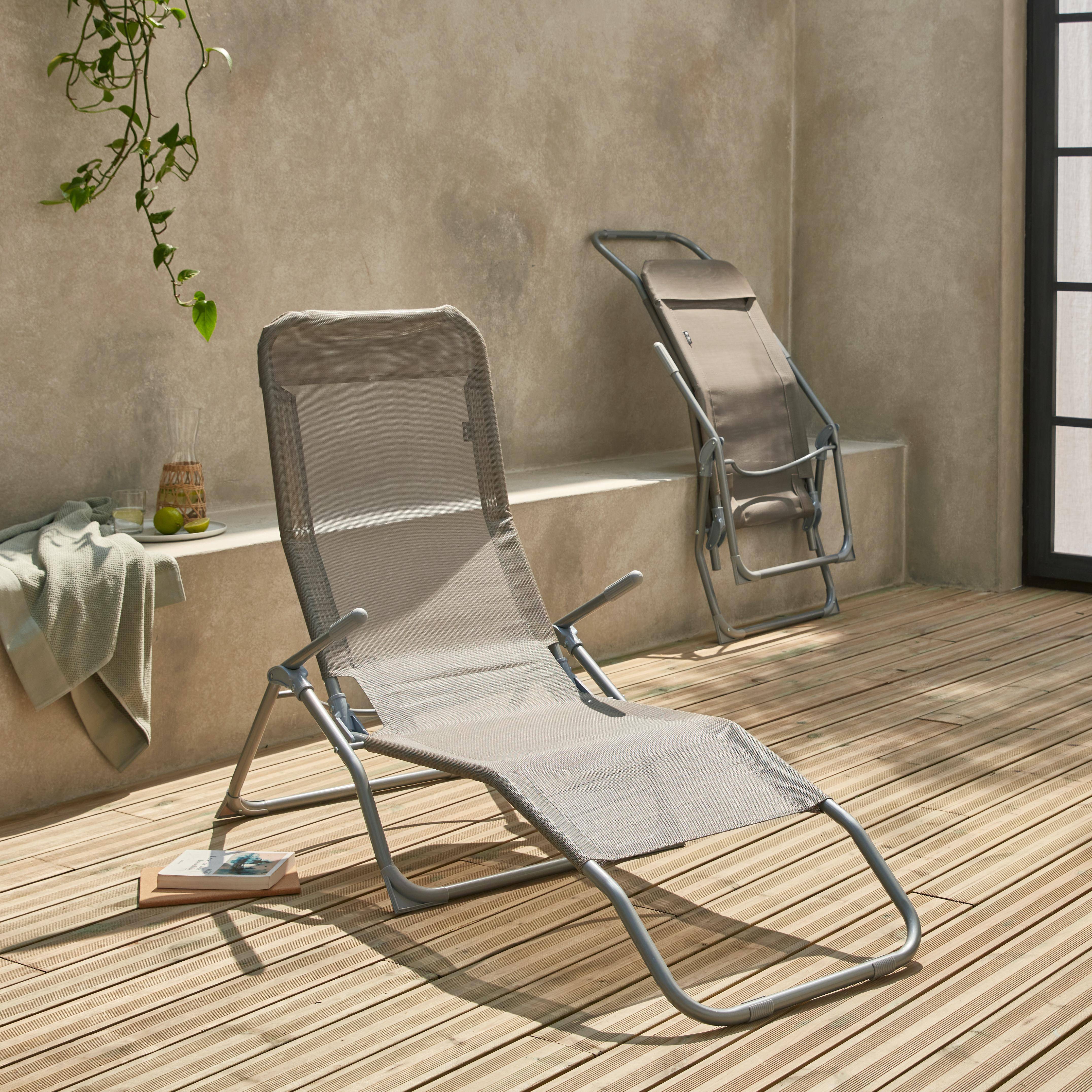 Lot de 2 bains de soleil pliants - Levito Gris taupe- Transats textilène 2 positions, chaises longues,sweeek,Photo2