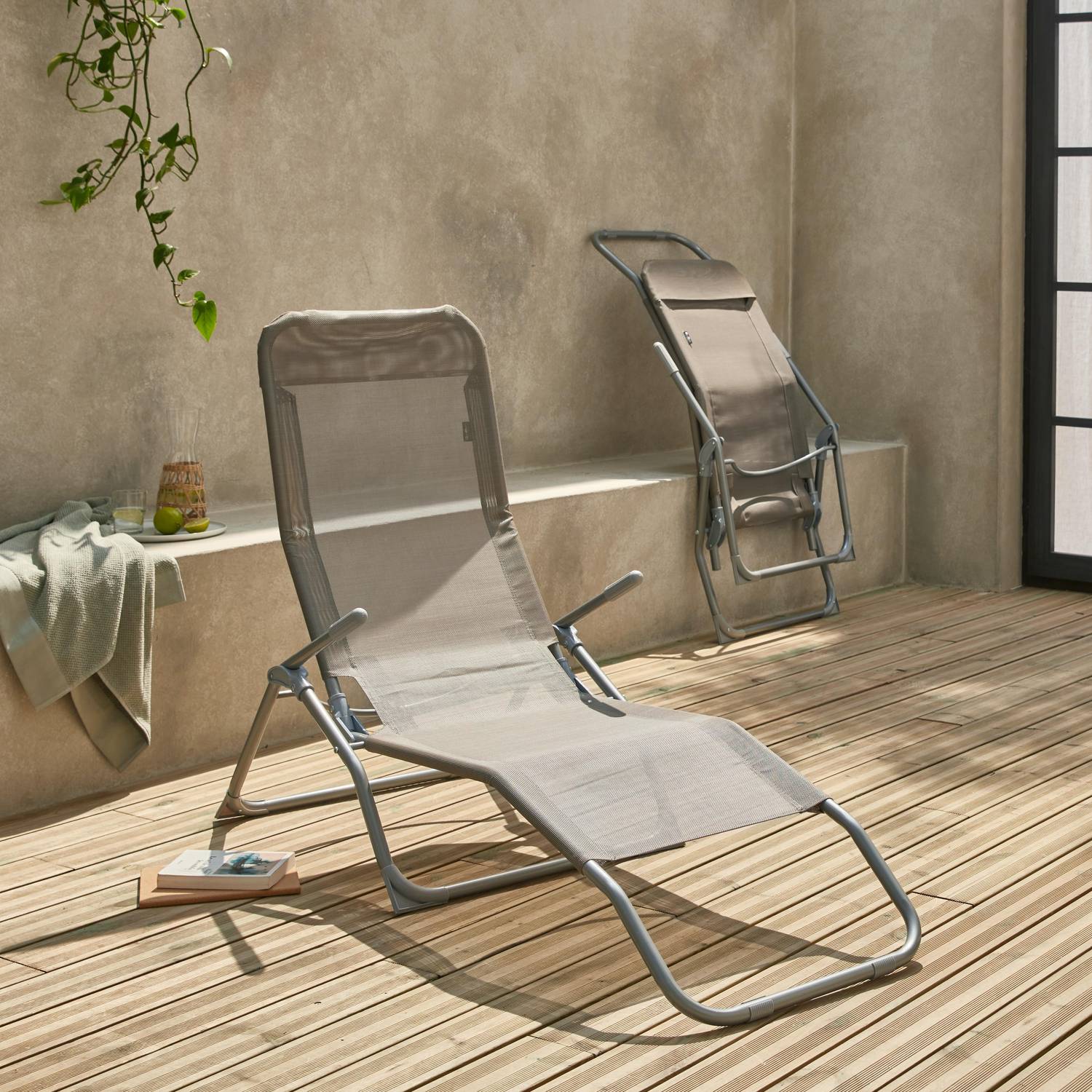 Lot de 2 bains de soleil pliants - Levito Gris taupe- Transats textilène 2 positions, chaises longues Photo2