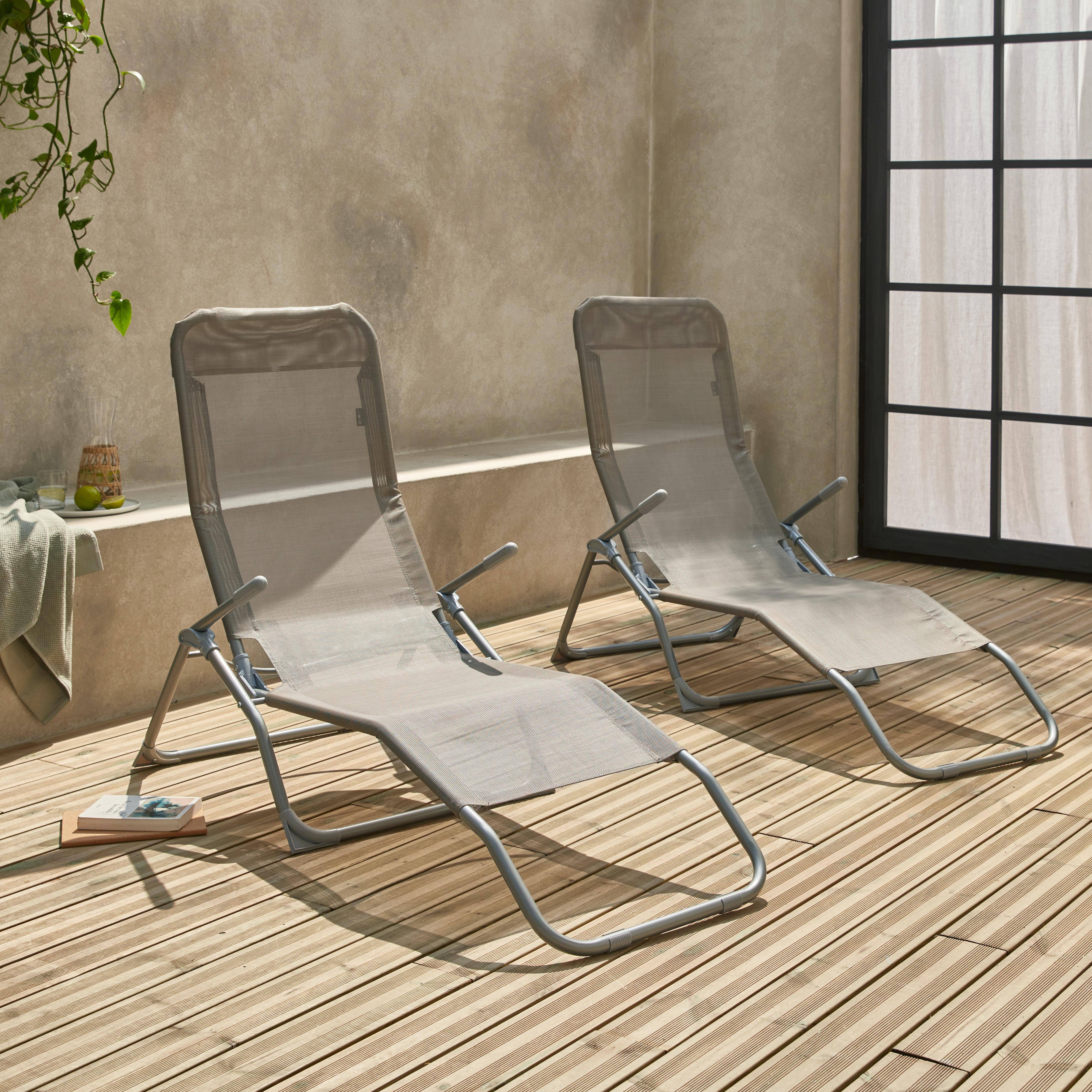 Lot de 2 bains de soleil pliants - Levito Gris taupe- Transats textilène 2 positions, chaises longues,sweeek,Photo1