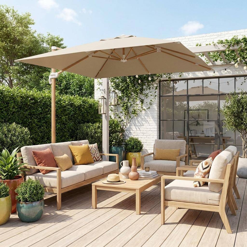 Vierkante parasol 3x3m, Falgos, ecru, parasol kantelt, vouwt en draait 360°. Photo1