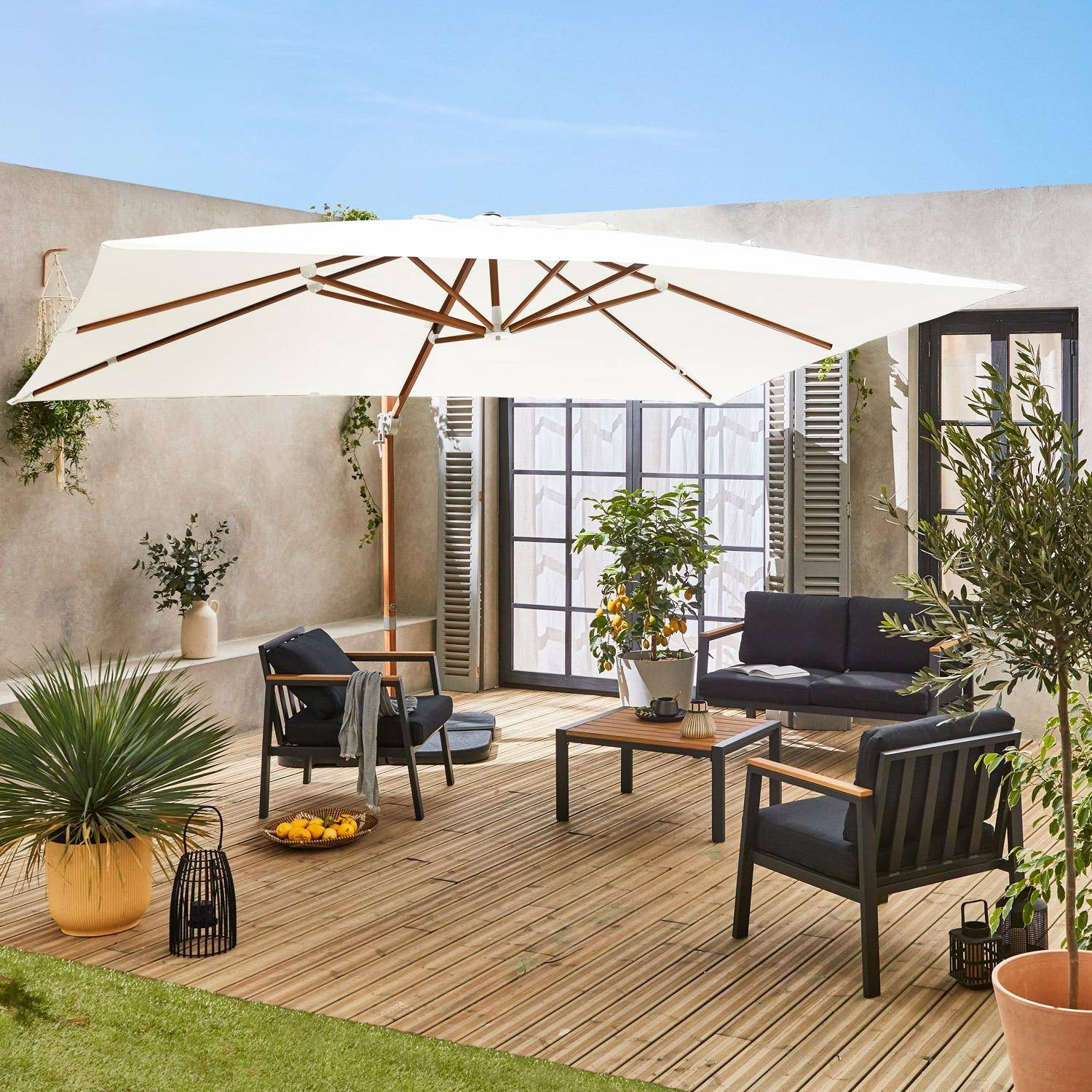 Rechteckiger Sonnenschirm 3x4m - Wimereux - Ecru/holzfarben-  Sonnenschirm in 5 Positionen neigbar, um 360° drehbar Photo2