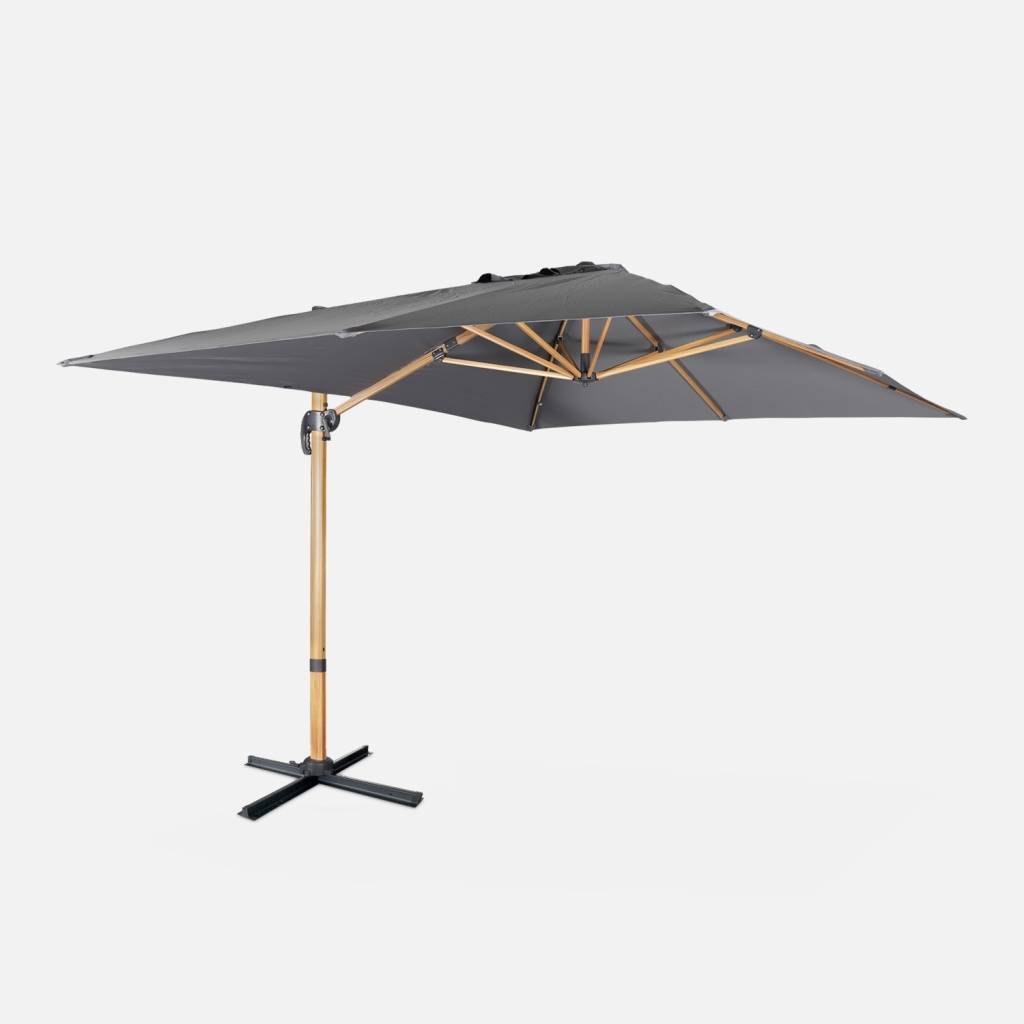 Parasol desplazado rectangular 3x4m, mástil efecto madera., Gris