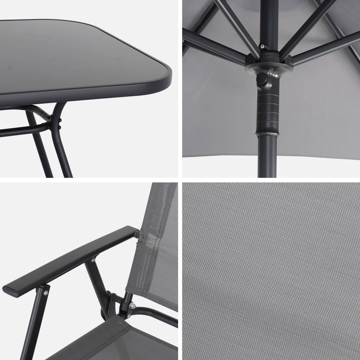Table de jardin avec 6 fauteuils pliants gris et un parasol 2m, anthracite, structure acier avec revêtement anti rouille,sweeek,Photo7