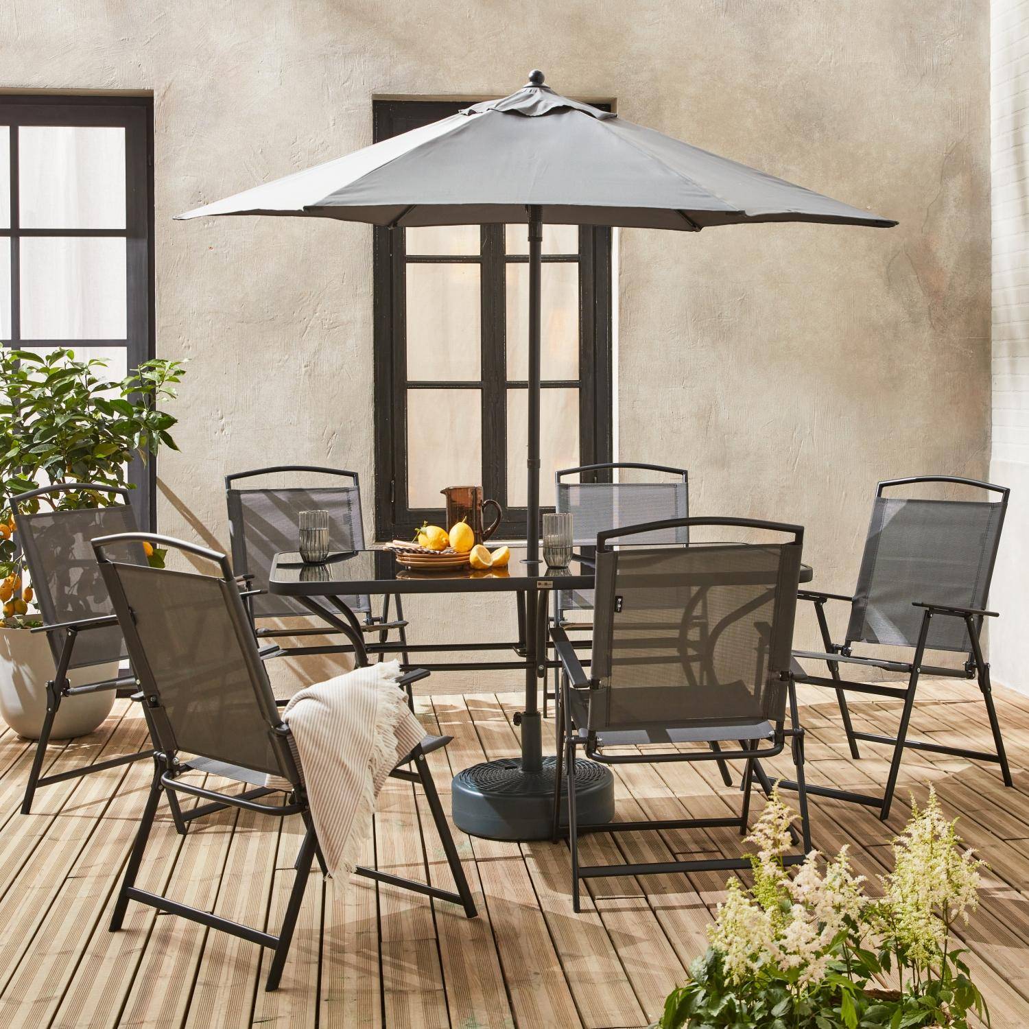 Tavolo da giardino in acciaio, 6 poltrone e 1 ombrellone, antracite,sweeek,Photo1