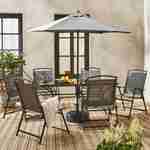 6-seater metal dining set with foldable chairs and parasol, 140x80x70cm table, grey Photo1