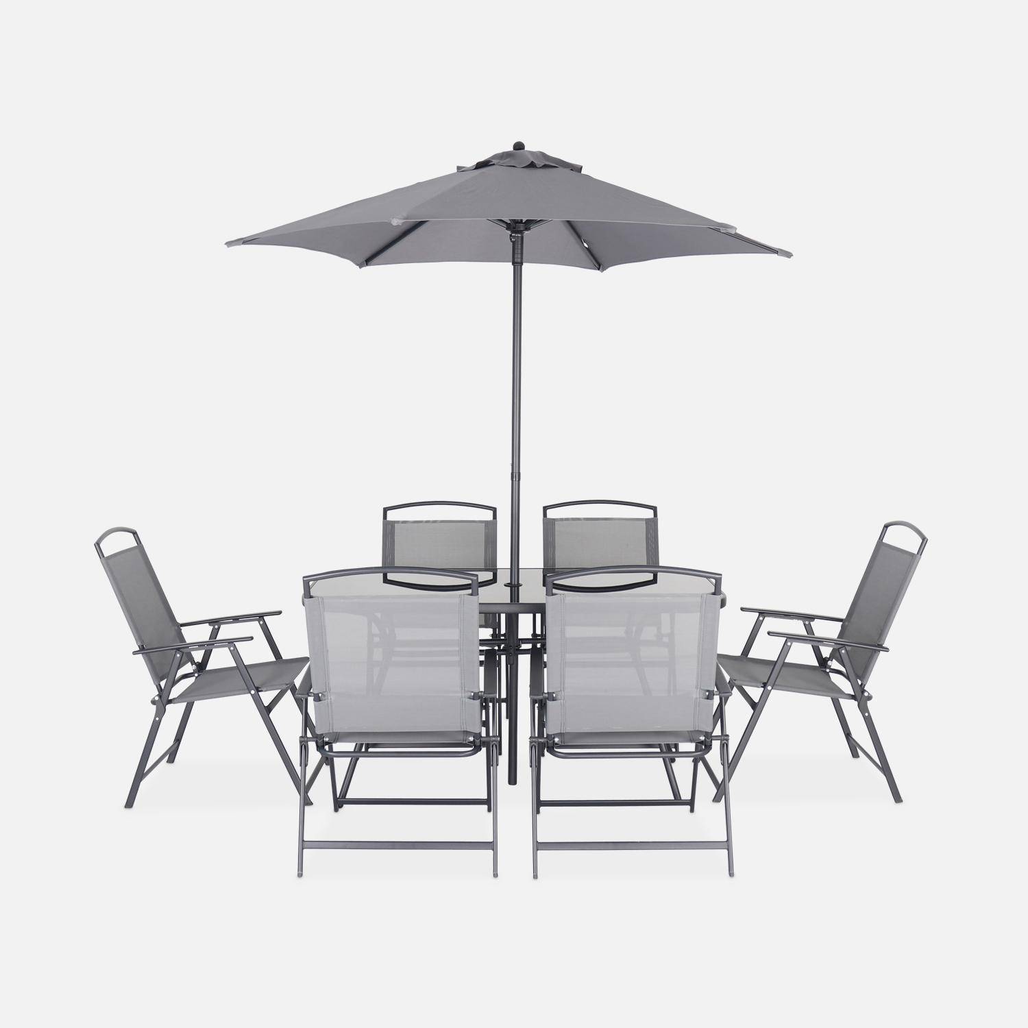 Mesa de jardín 140 x 80 cm 6 sillas con reposabrazos sombrilla