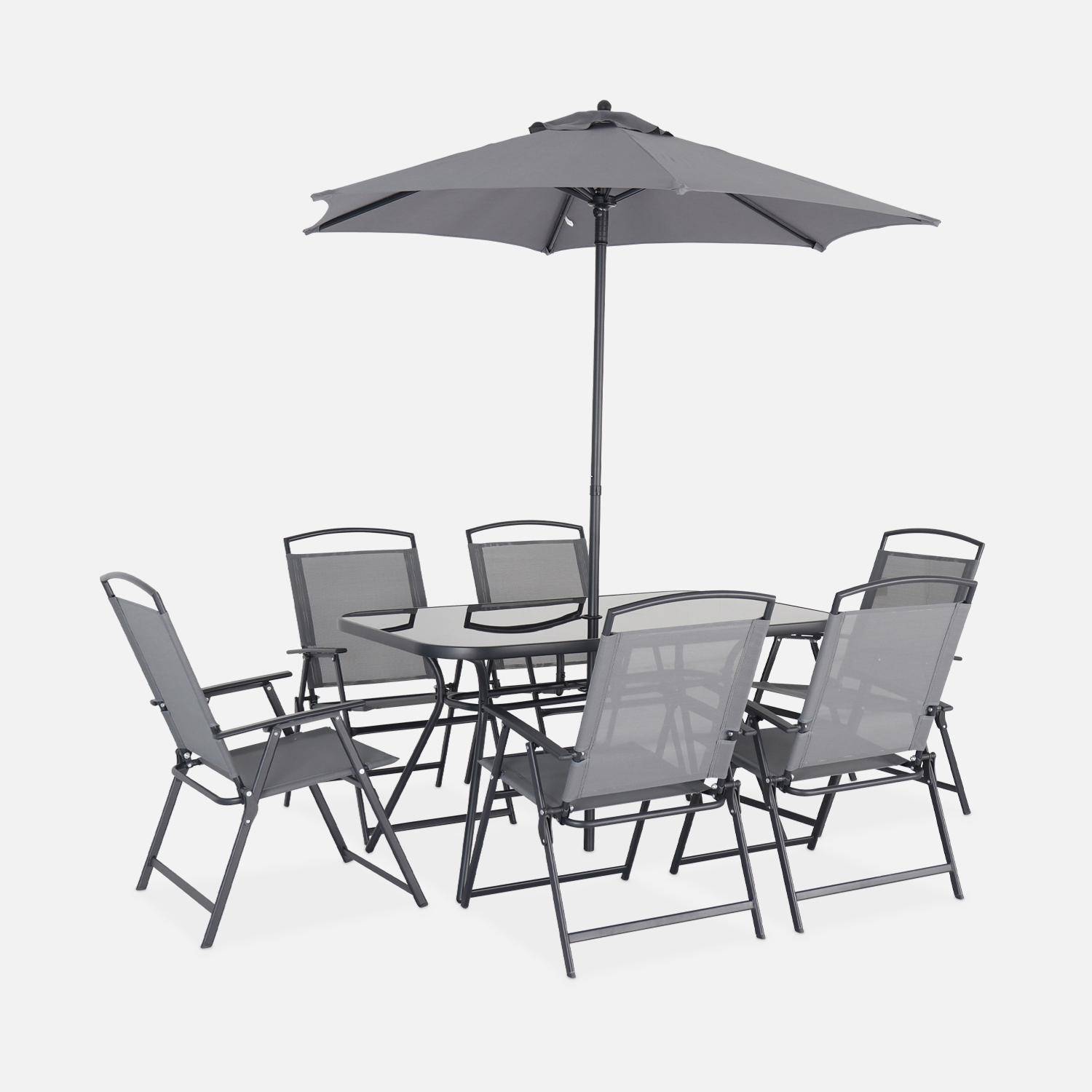 Mesa de jardín 140 x 80 cm 6 sillas con reposabrazos sombrilla