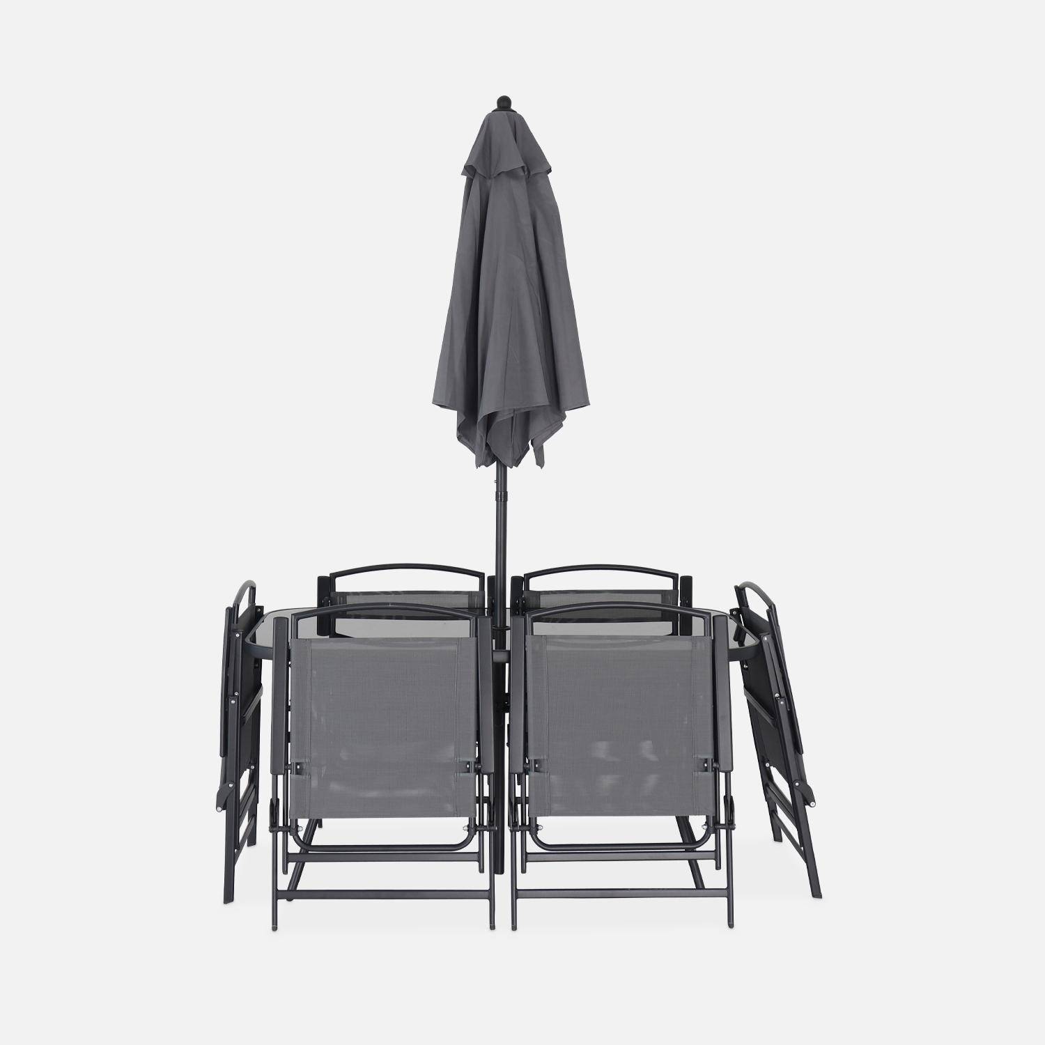 Table de jardin avec 6 fauteuils pliants gris et un parasol 2m, anthracite, structure acier avec revêtement anti rouille,sweeek,Photo5