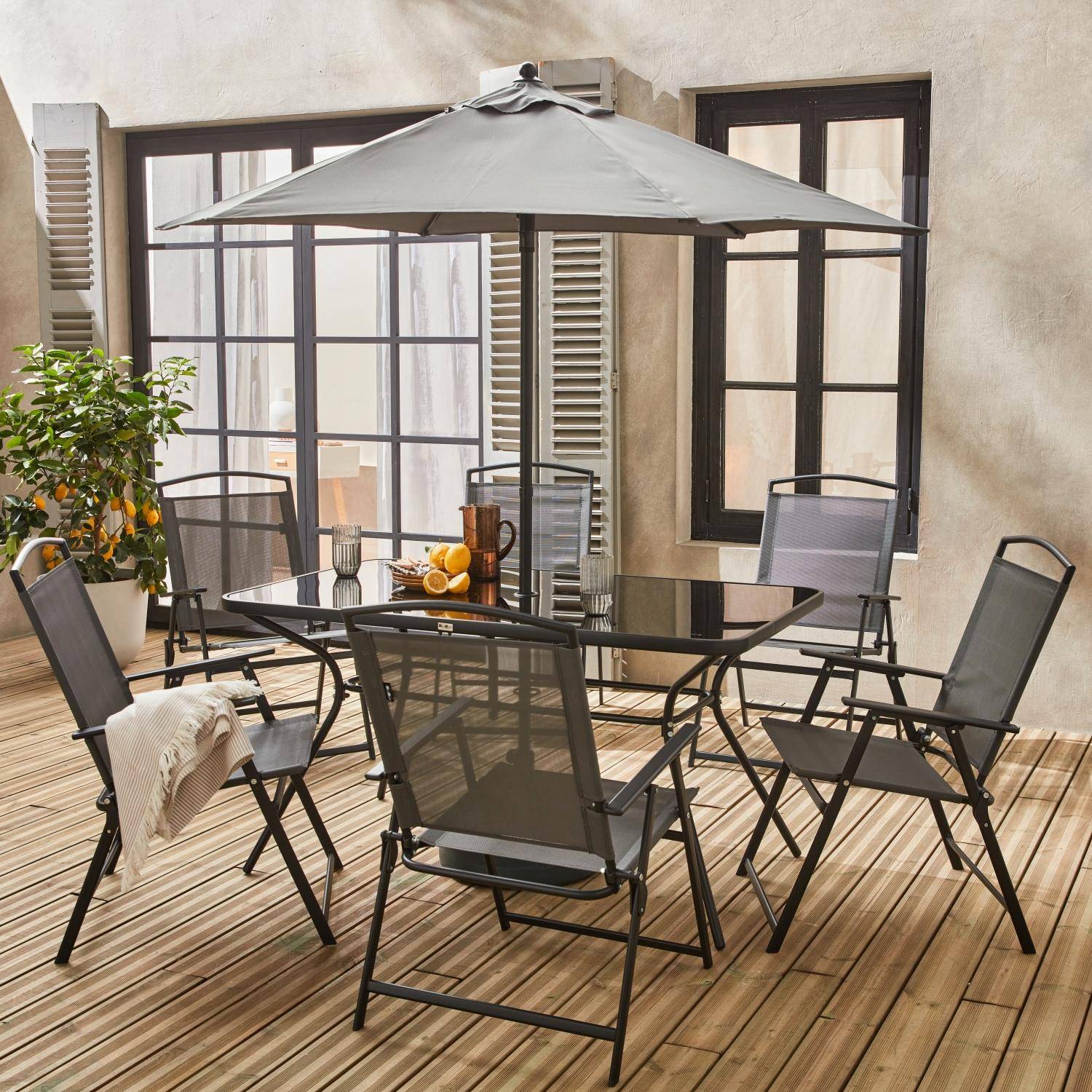 Tavolo da giardino in acciaio, 6 poltrone e 1 ombrellone, antracite,sweeek,Photo2