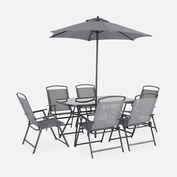 Gartentisch mit 6 Sesseln und 1 Sonnenschirm anthrazit