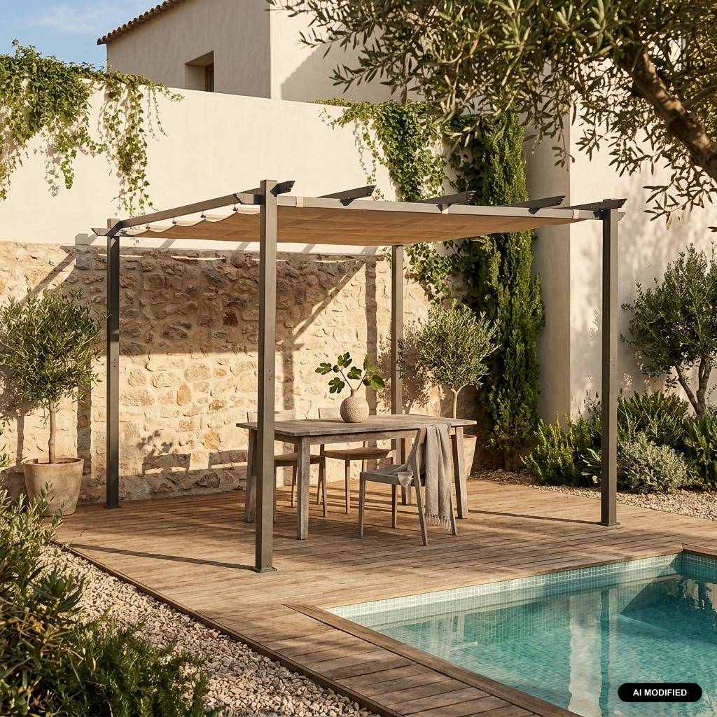Pergola aluminium - Isla 3x3m - Beige doek - Ideale prieel voor uw terras, met retractabel dak, schuifdoek, aluminium structuur Photo1