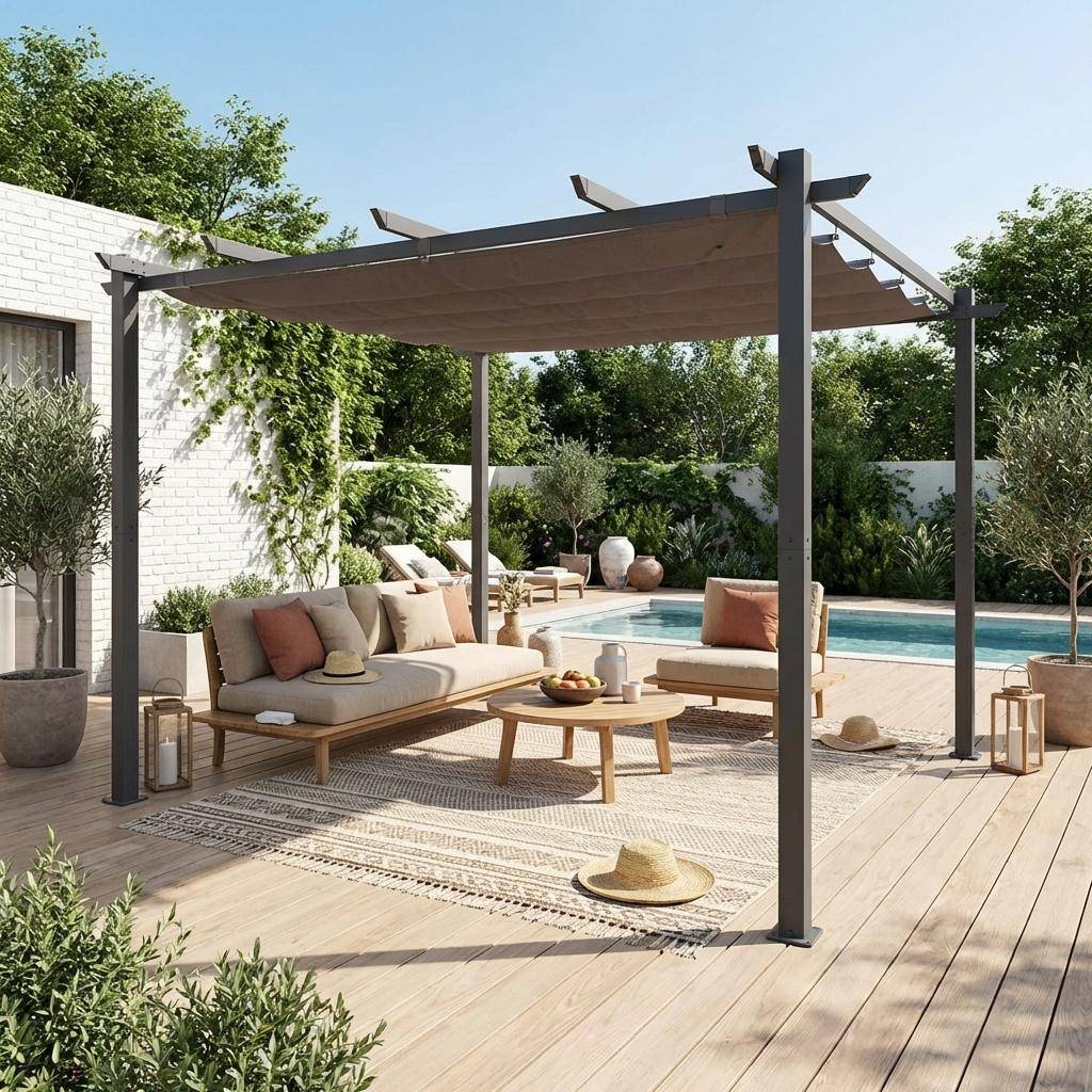 Pergola aus Aluminium - 3 x 3 m - Grauer Stoff - Ideale Laube für Ihre Terrasse, einziehbares Dach, Schiebetuch, Aluminiumstruktur - Isla Photo1