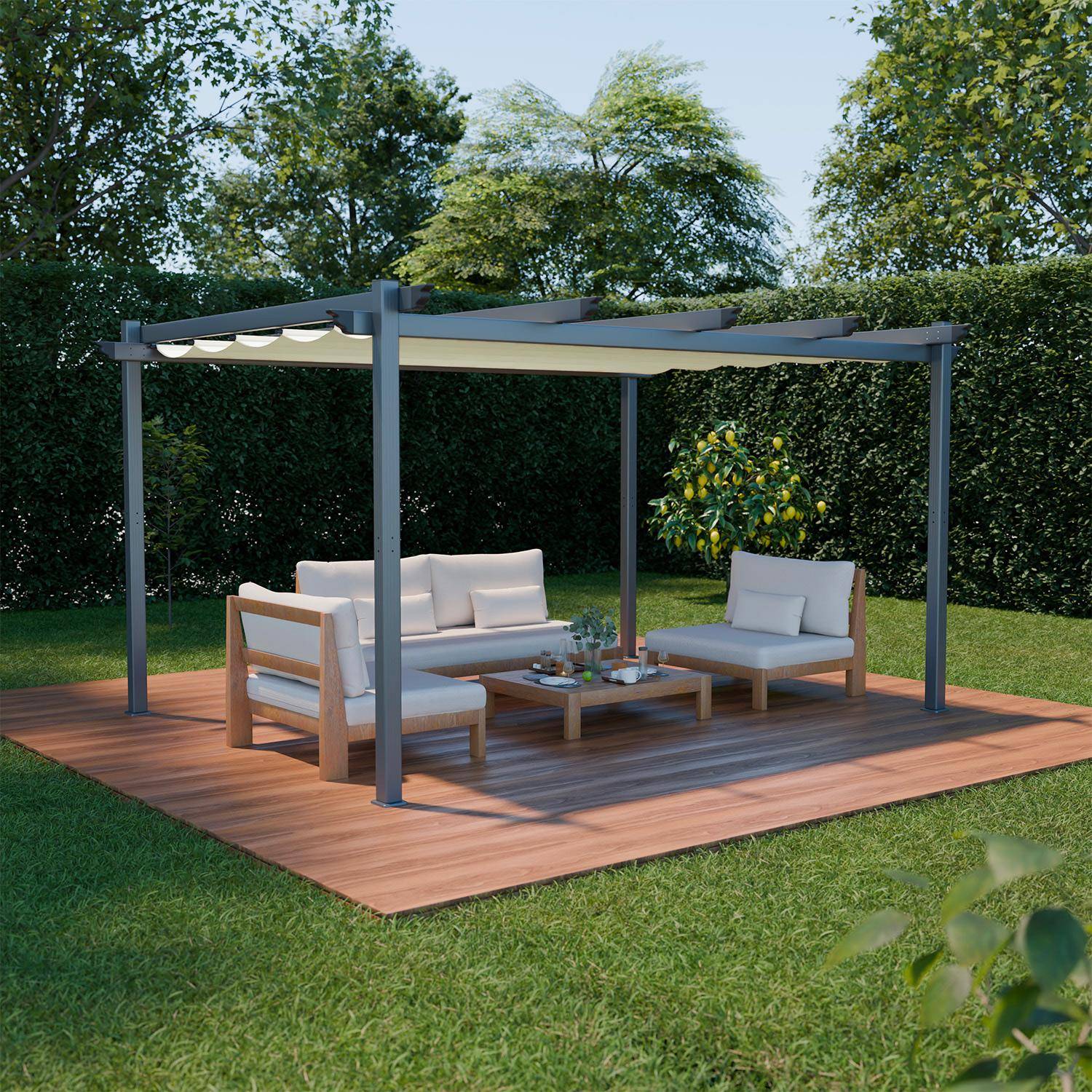 Aluminium pergola - Isla 3x4m - Ecru doek - Ideaal prieel voor uw terras, schuifdak, schuifzeil, aluminium structuur Photo1