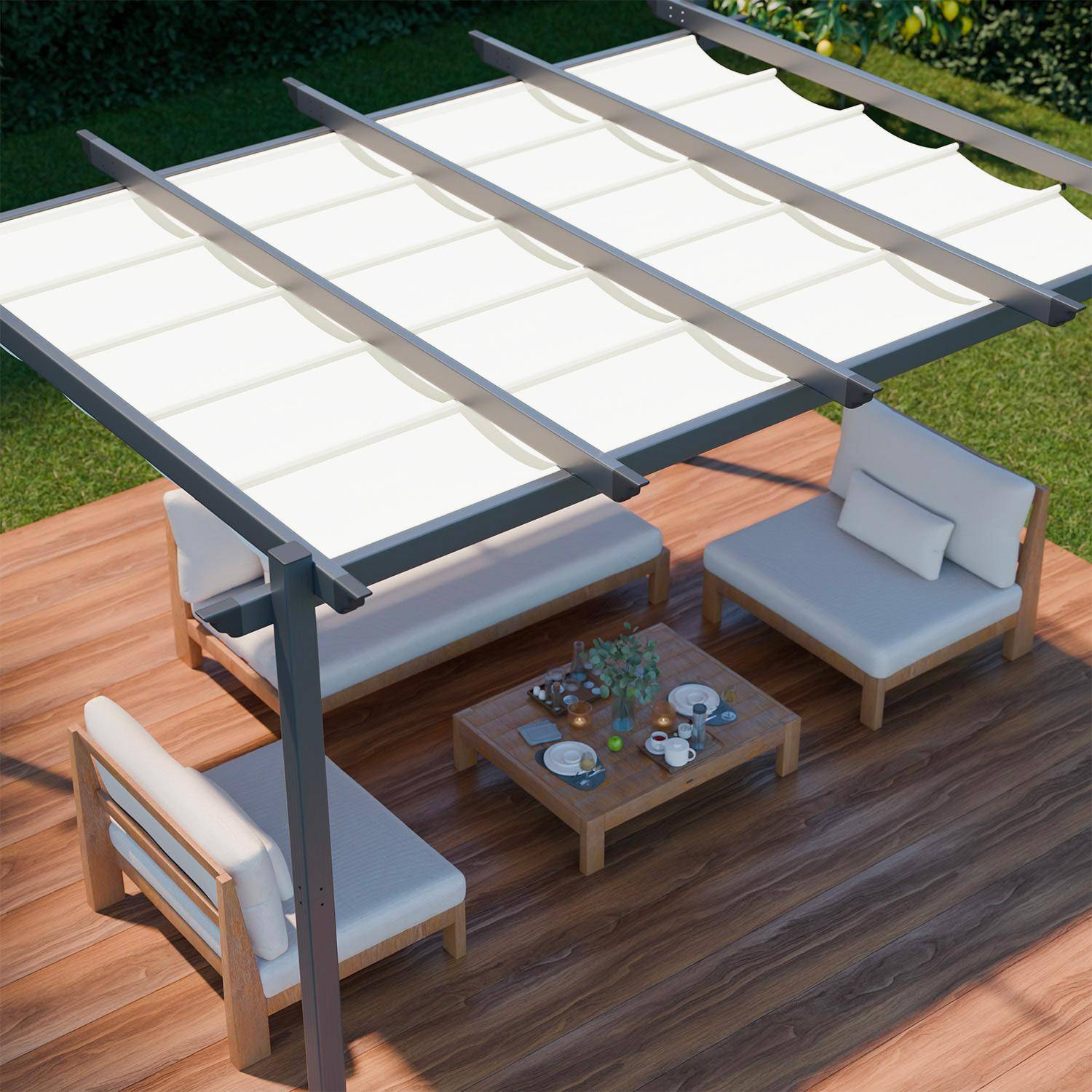 Aluminium pergola - Isla 3x4m - Ecru doek - Ideaal prieel voor uw terras, schuifdak, schuifzeil, aluminium structuur,sweeek,Photo3