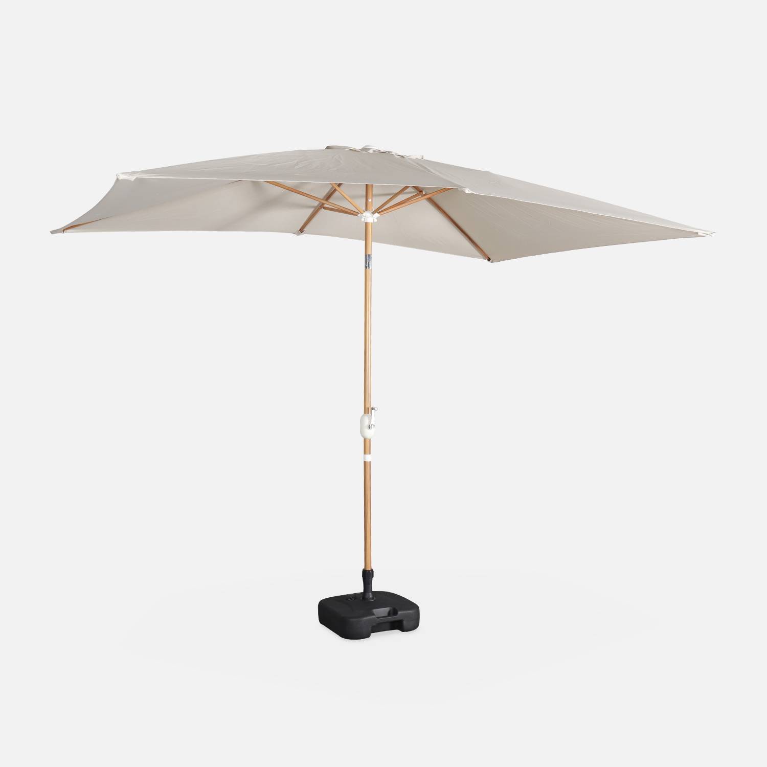 Rechte zandkleurige parasol 2x3m, imitatie houten stok | sweeek