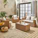 Salon de jardin en résine tressée arrondie 4 places - Valentino Naturel - Coussins beiges, canapé fauteuils table basse Photo1