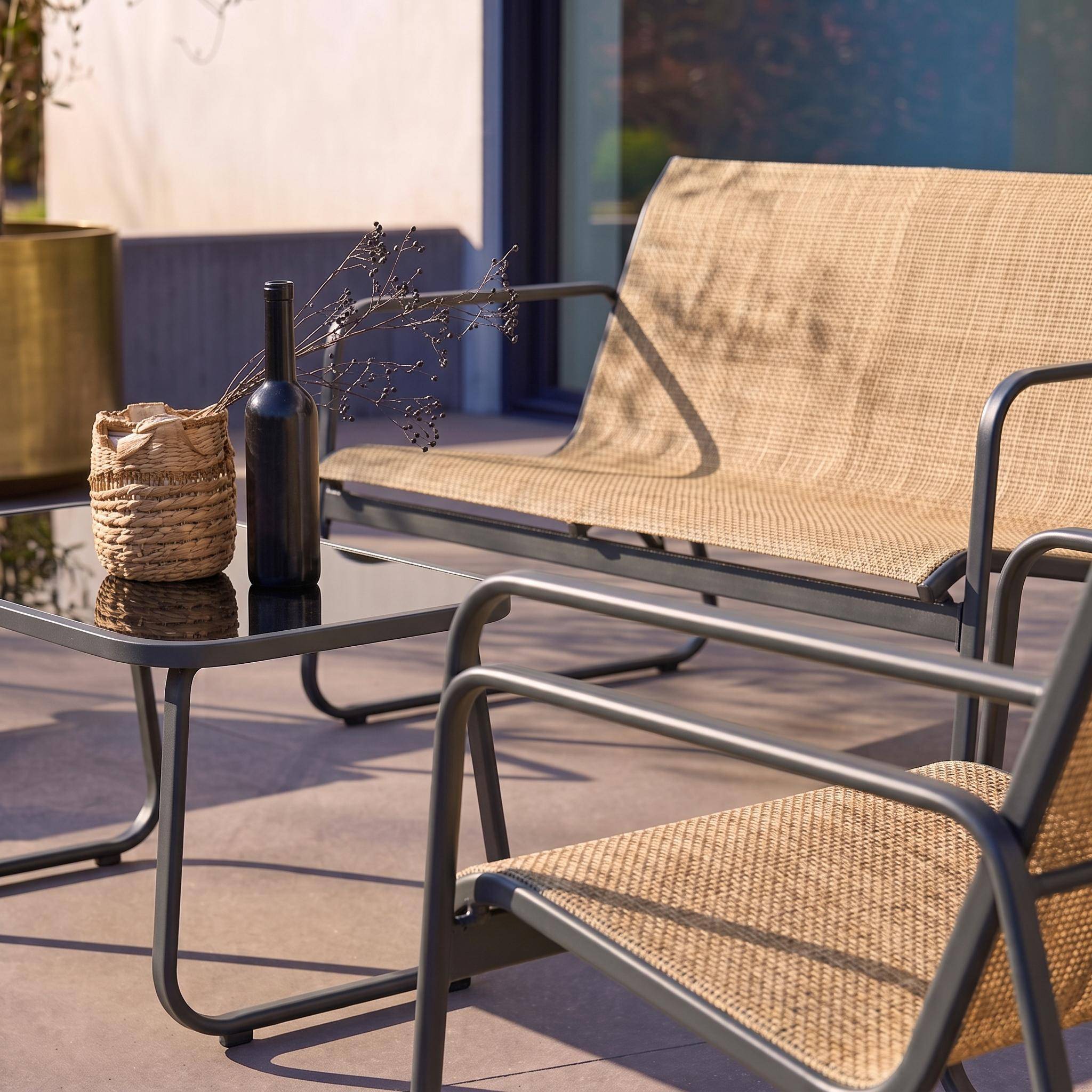 Salon de jardin en métal et textilène pour 4 personnes, anthracite et naturel, design Photo2