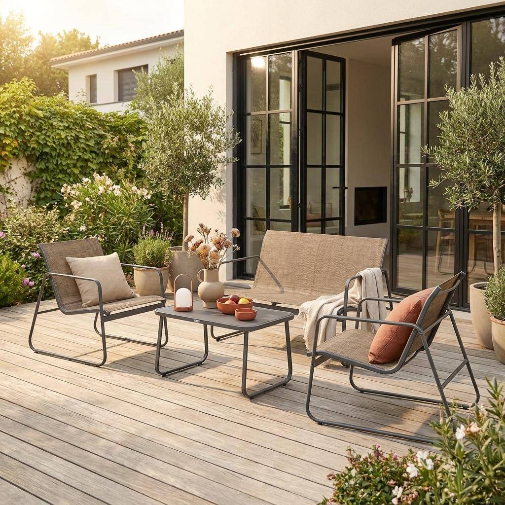 Gartenlounge aus Metall und Textilene für 4 Personen, Anthrazit und Natur, modern Photo1