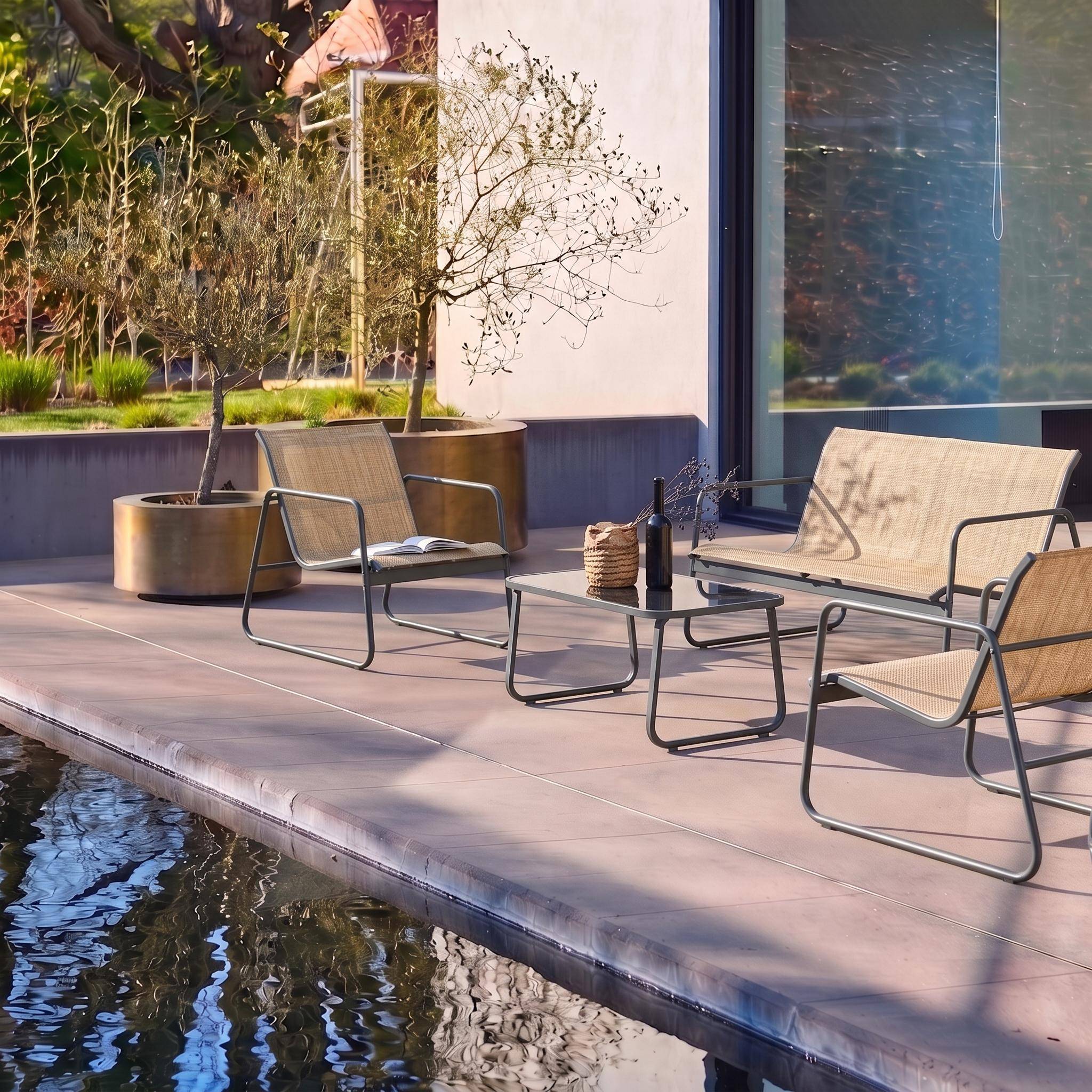 Salon de jardin en métal et textilène pour 4 personnes, anthracite et naturel, design Photo1