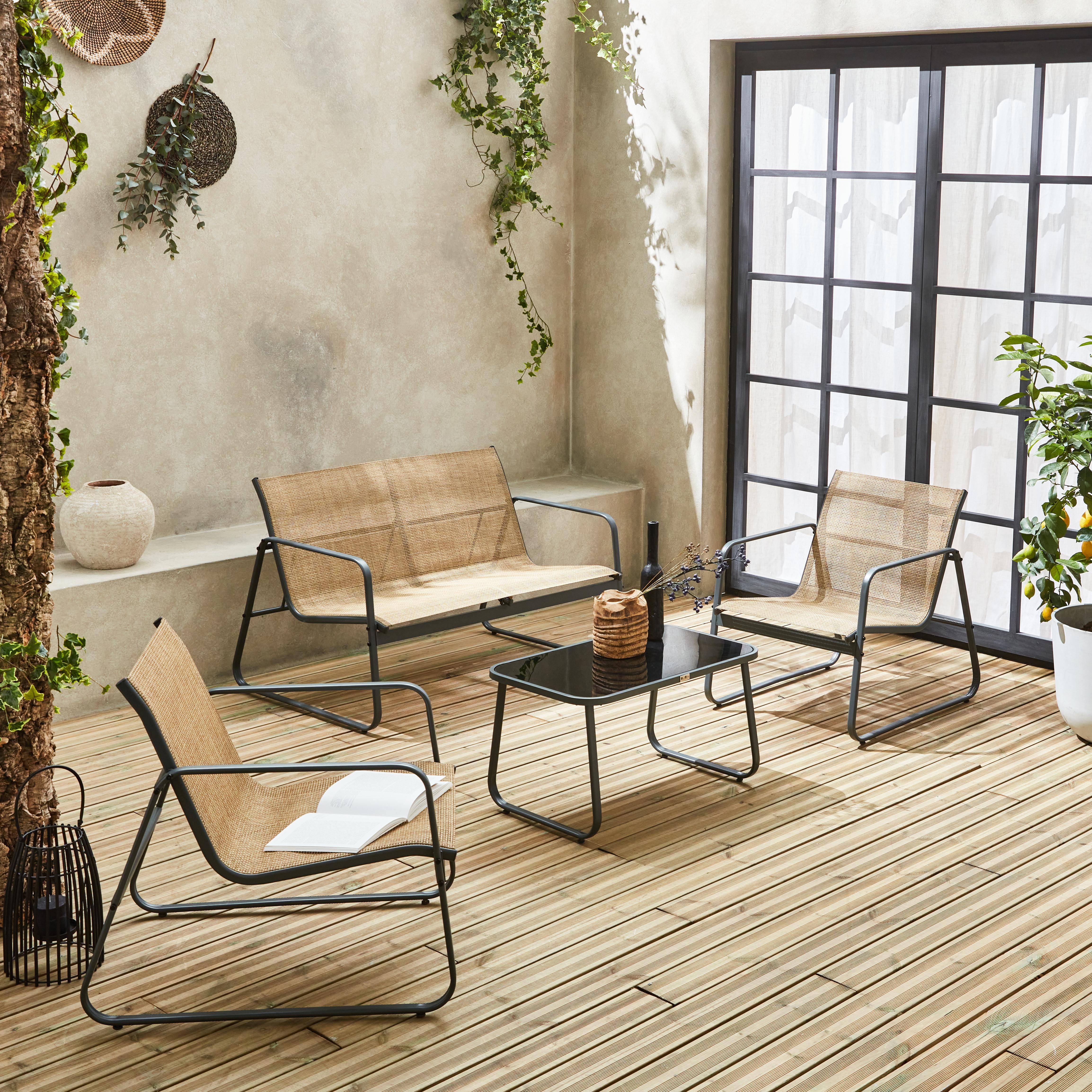 Salon de jardin en métal et textilène pour 4 personnes, anthracite et naturel, design | sweeek