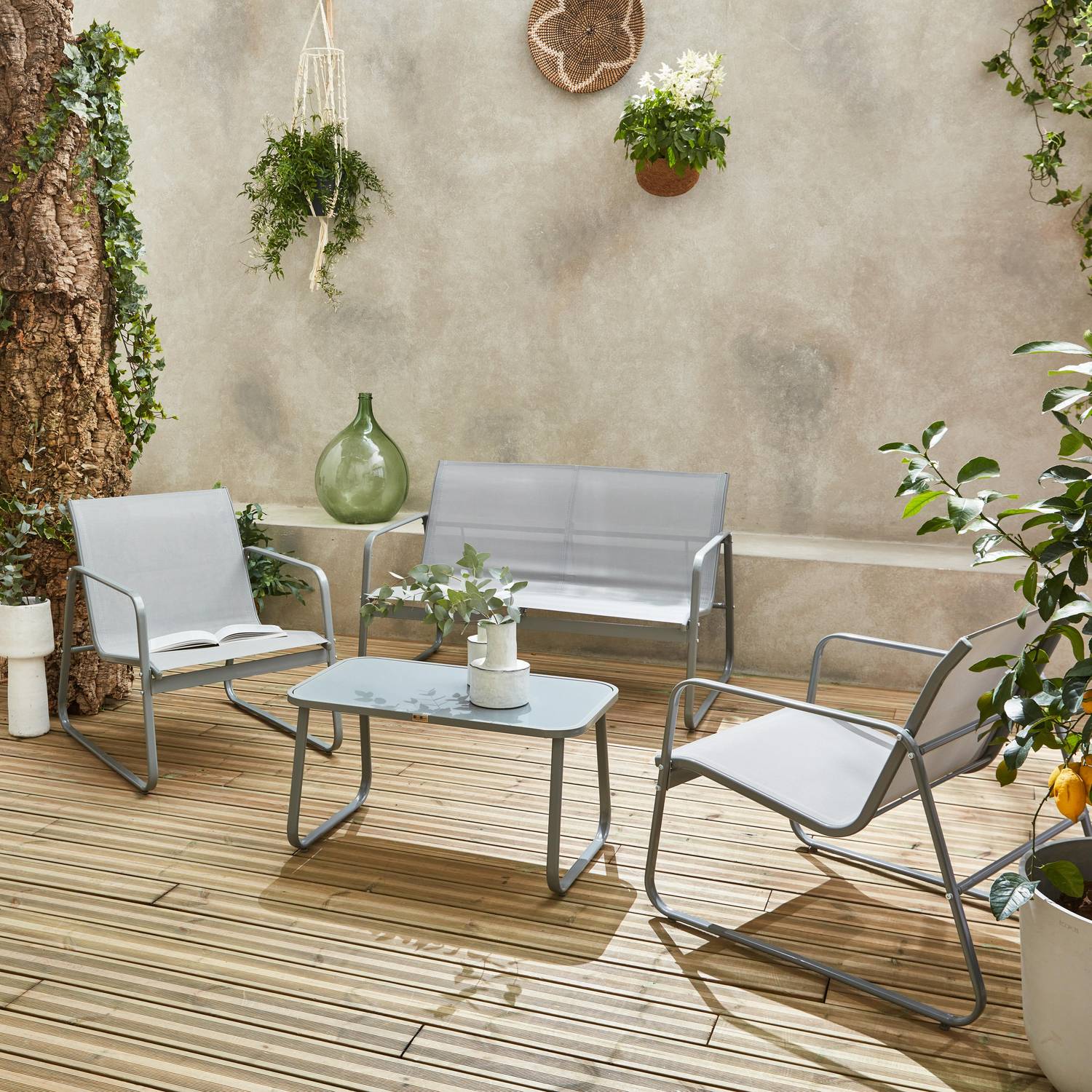 Mobili da giardino in metallo e textilene per 4 persone, grigio chiaro, design Photo2