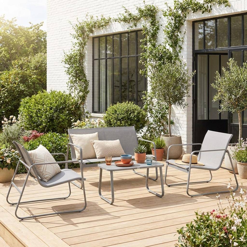 Conjunto de jardim com sofá em metal, 4 lugares Cinza Claro - 77x114x76 cm Photo1