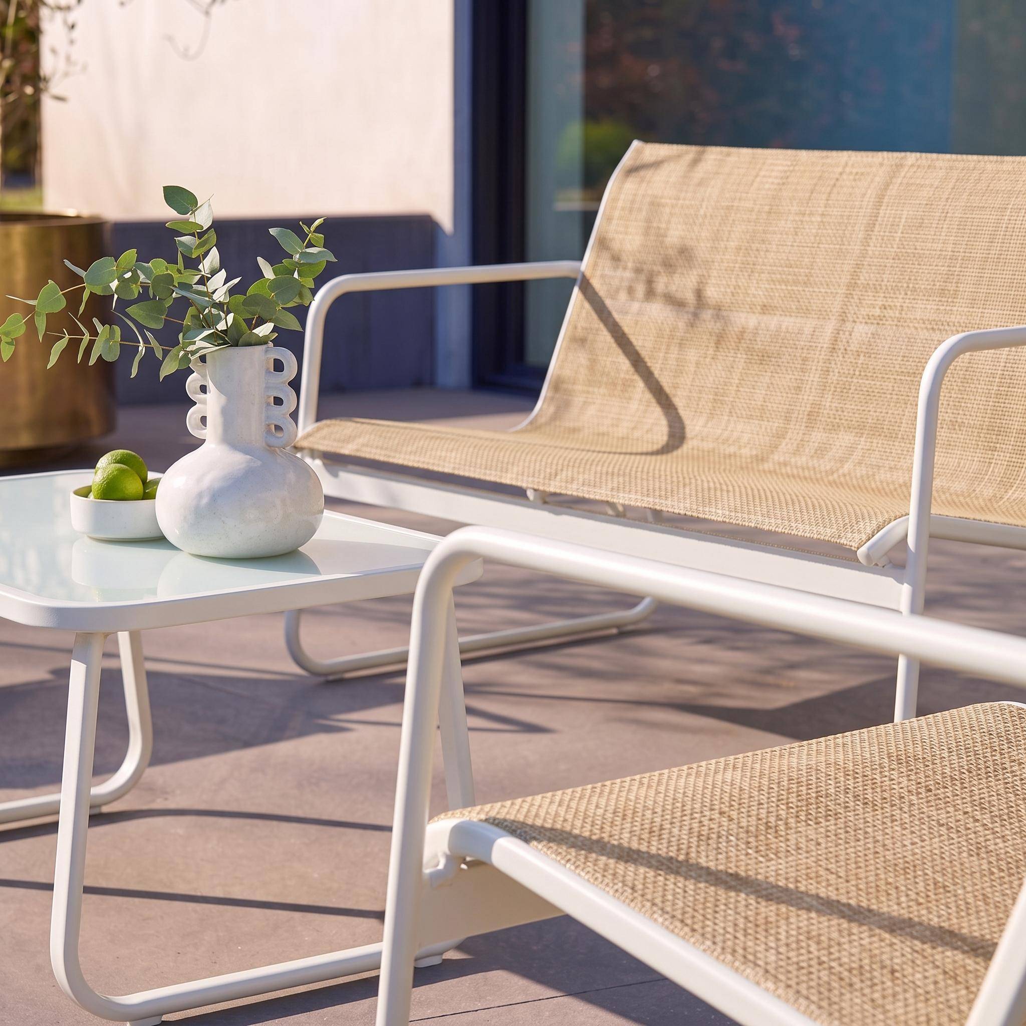 Salon de jardin en métal  et textilène pour 4 personnes, blanc et naturel, design  ,sweeek,Photo2