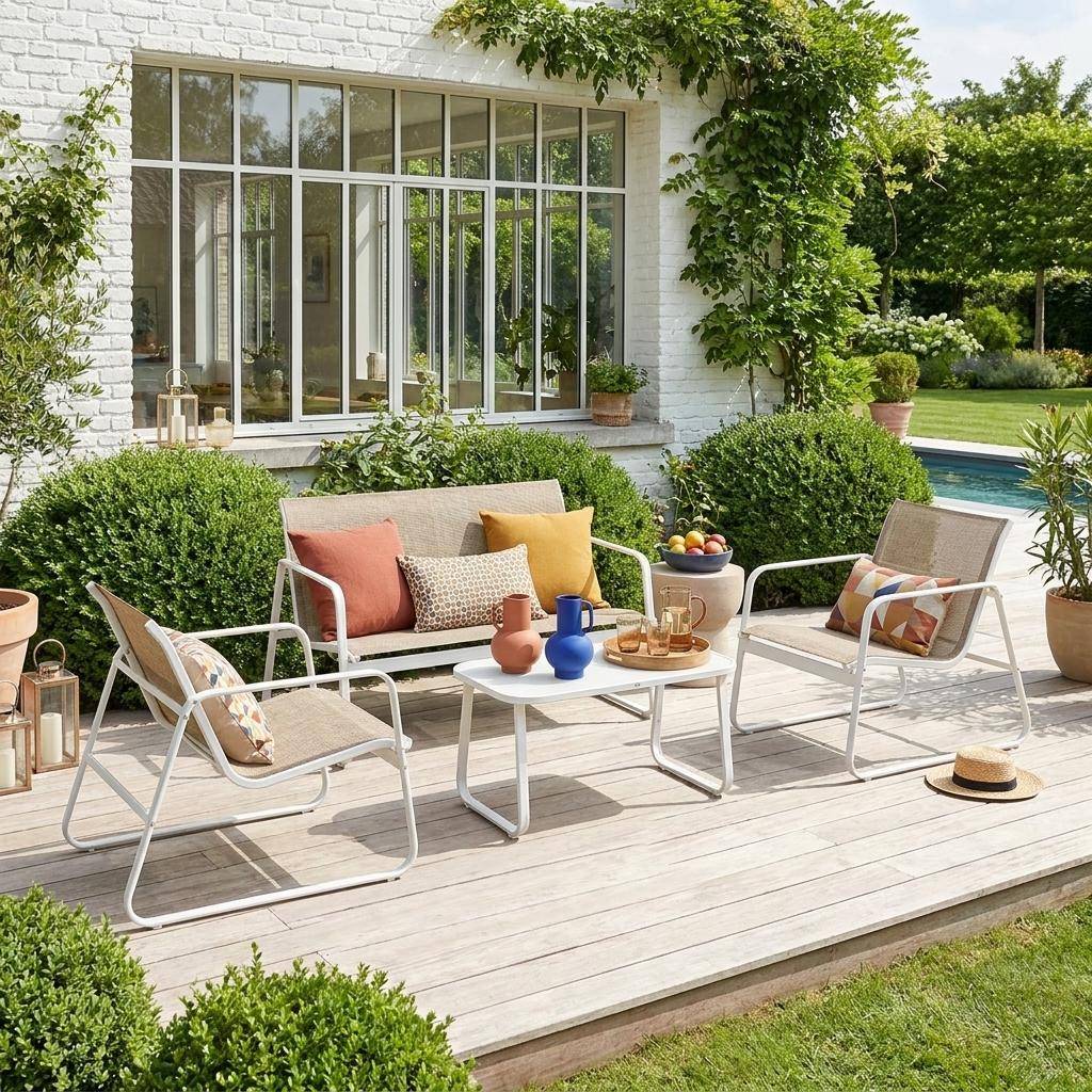 Gartenlounge aus Metall und Textilene für 4 Personen, Weiß und Natur, modern Photo1
