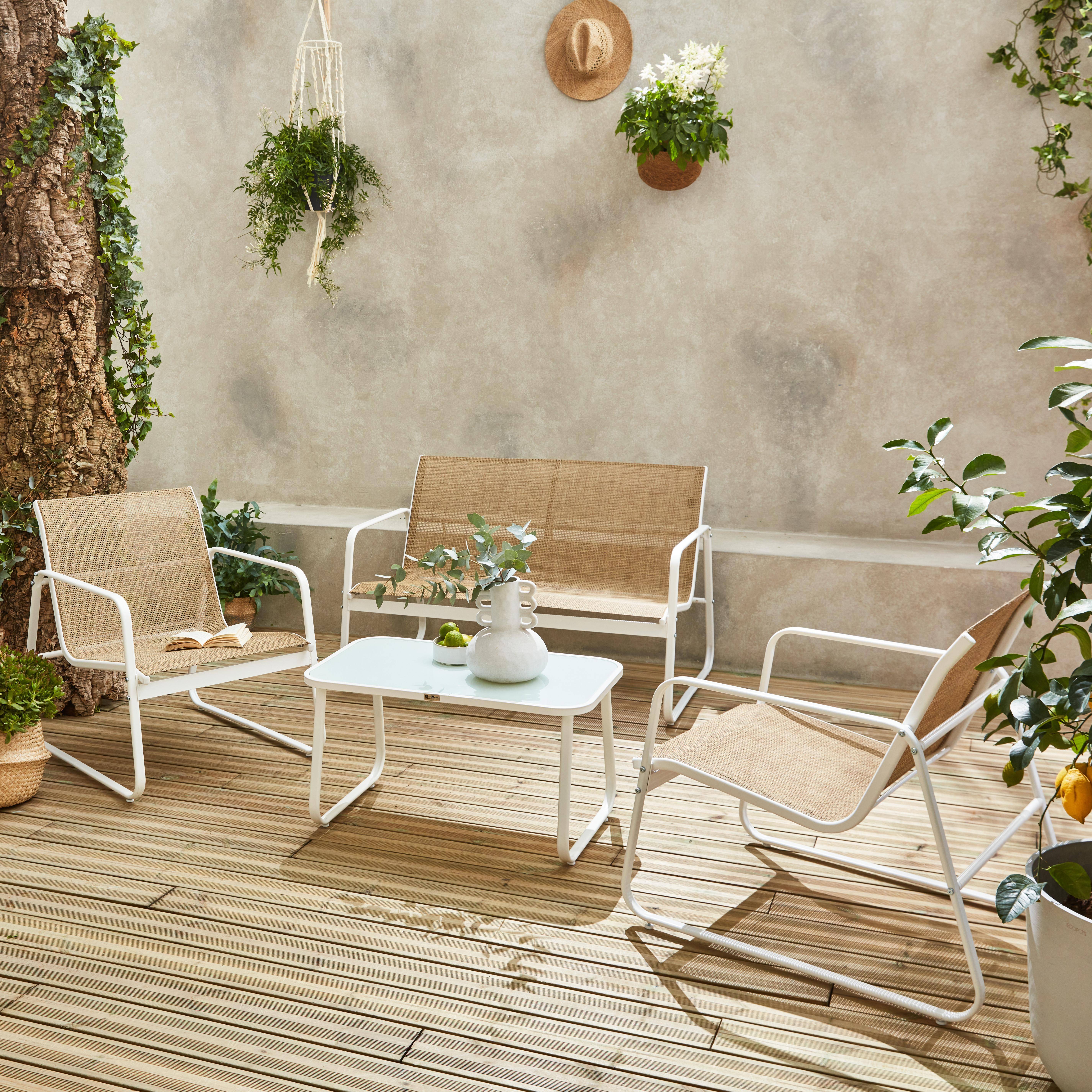 Salon de jardin en métal  et textilène pour 4 personnes, blanc et naturel, design  ,sweeek,Photo2