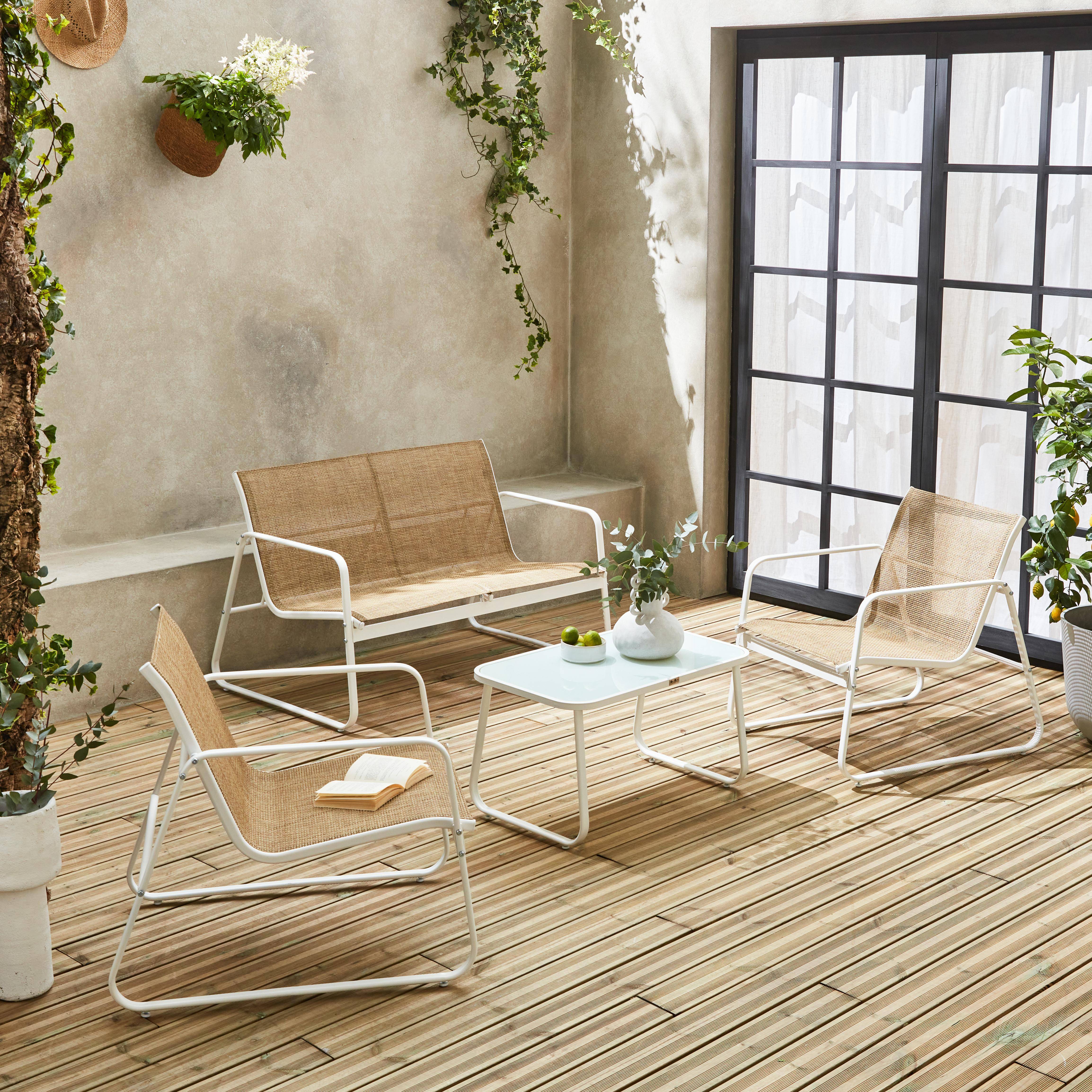 Salon de jardin en métal  et textilène pour 4 personnes, blanc et naturel, design  ,sweeek,Photo1