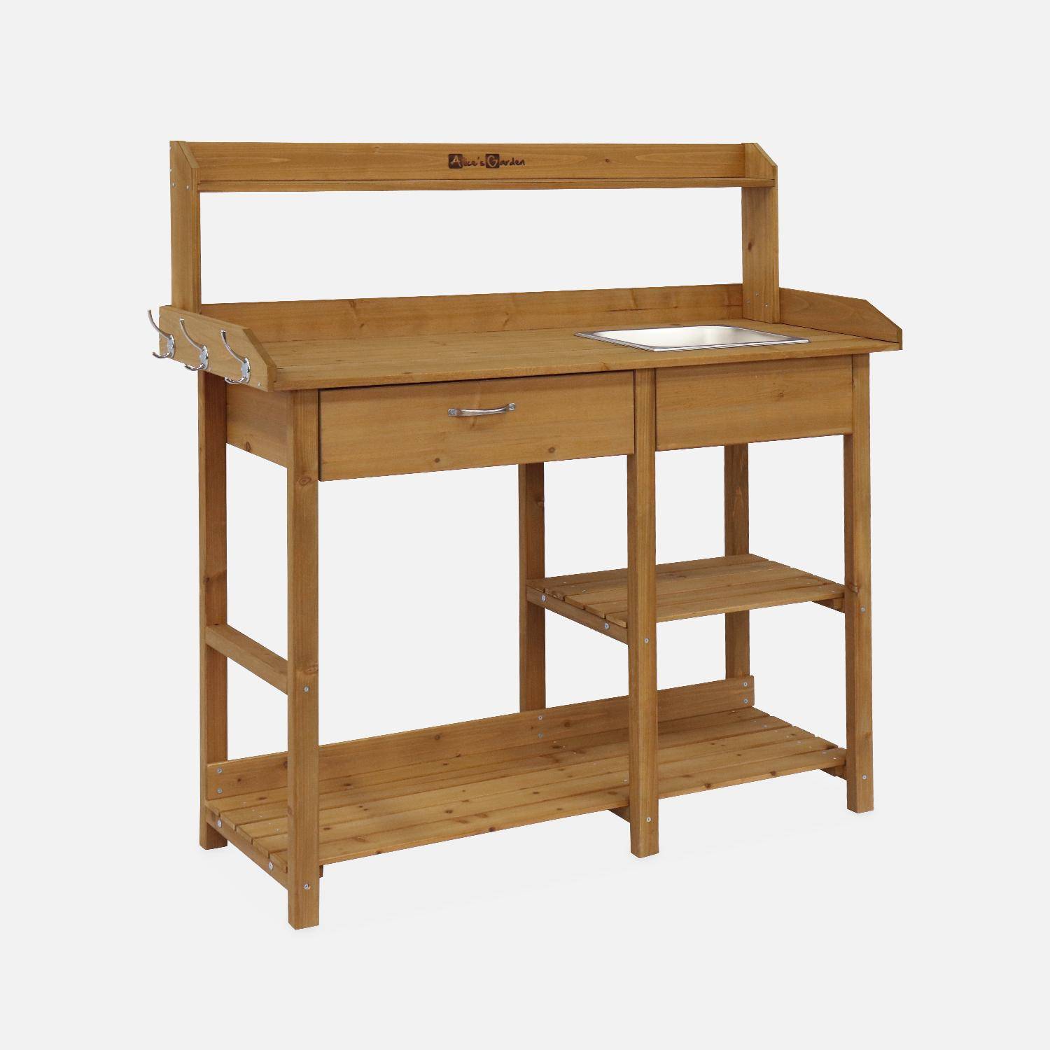 Capucine mesa de madera para macetas, 1 cajón, 2 estantes, 1 fregadero, ganchos Photo3