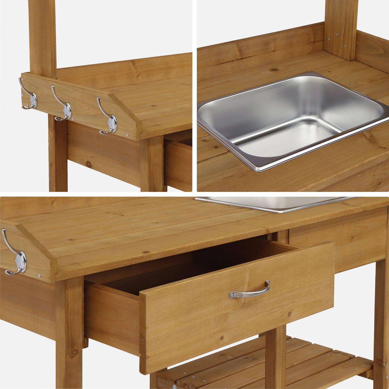 Capucine mesa de madera para macetas, 1 cajón, 2 estantes, 1 fregadero, ganchos,sweeek,Photo5