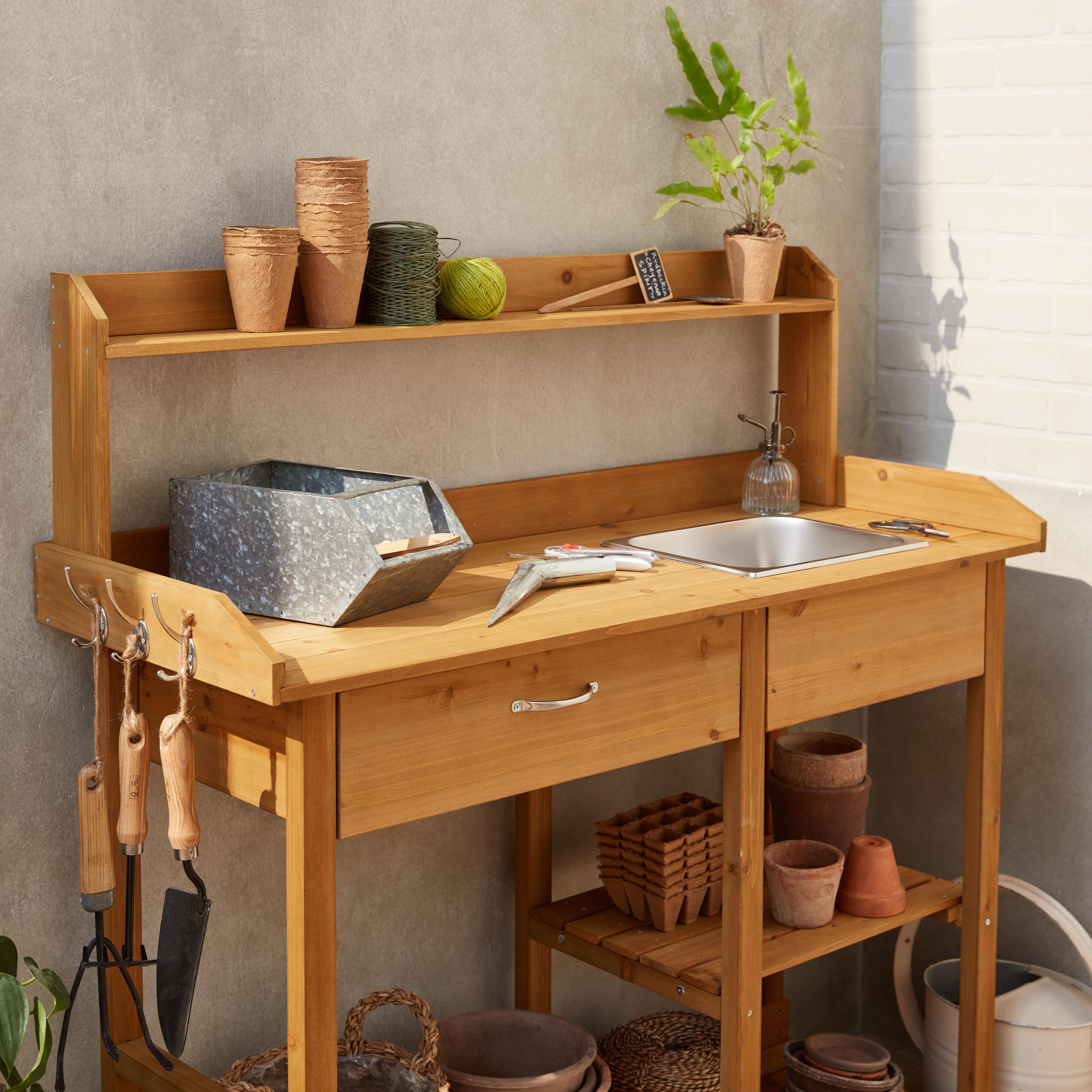 Capucine mesa de madera para macetas, 1 cajón, 2 estantes, 1 fregadero, ganchos Photo2