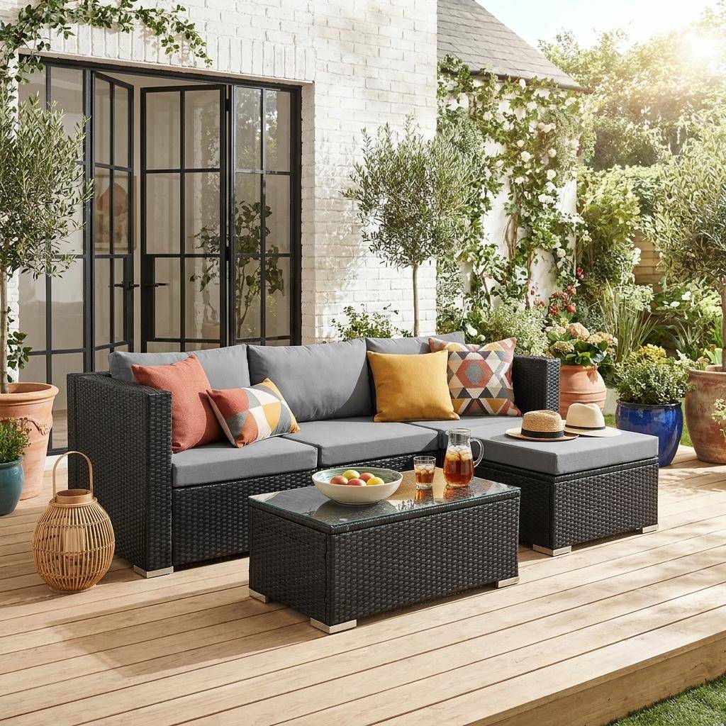 Conjunto de jardim com sofá em resina, 4 lugares Preto - 70x70x63 cm Photo1