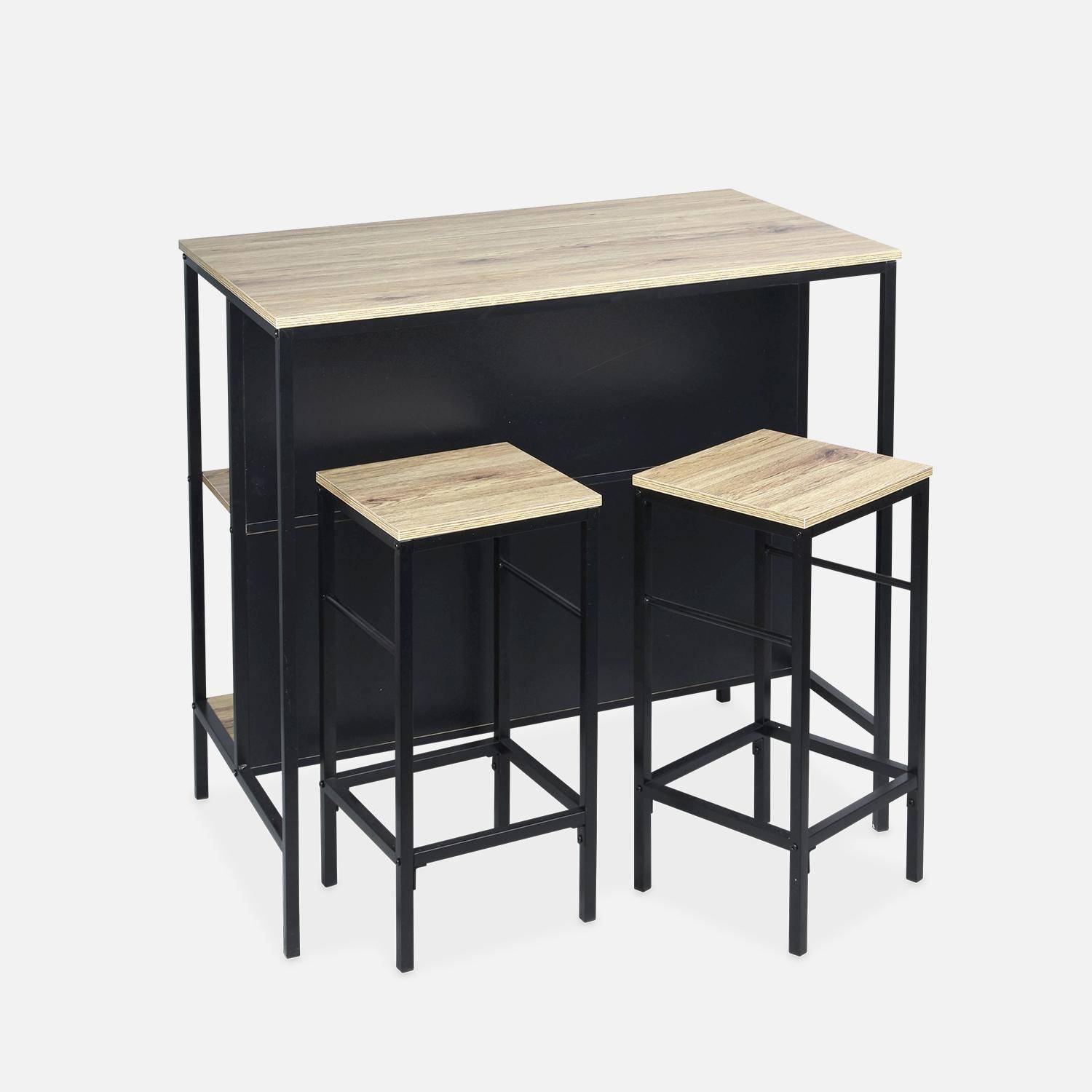 High table with two stools and two shelves, wood and metal decor, loft, W100xD60xH95cm,sweeek,Photo3