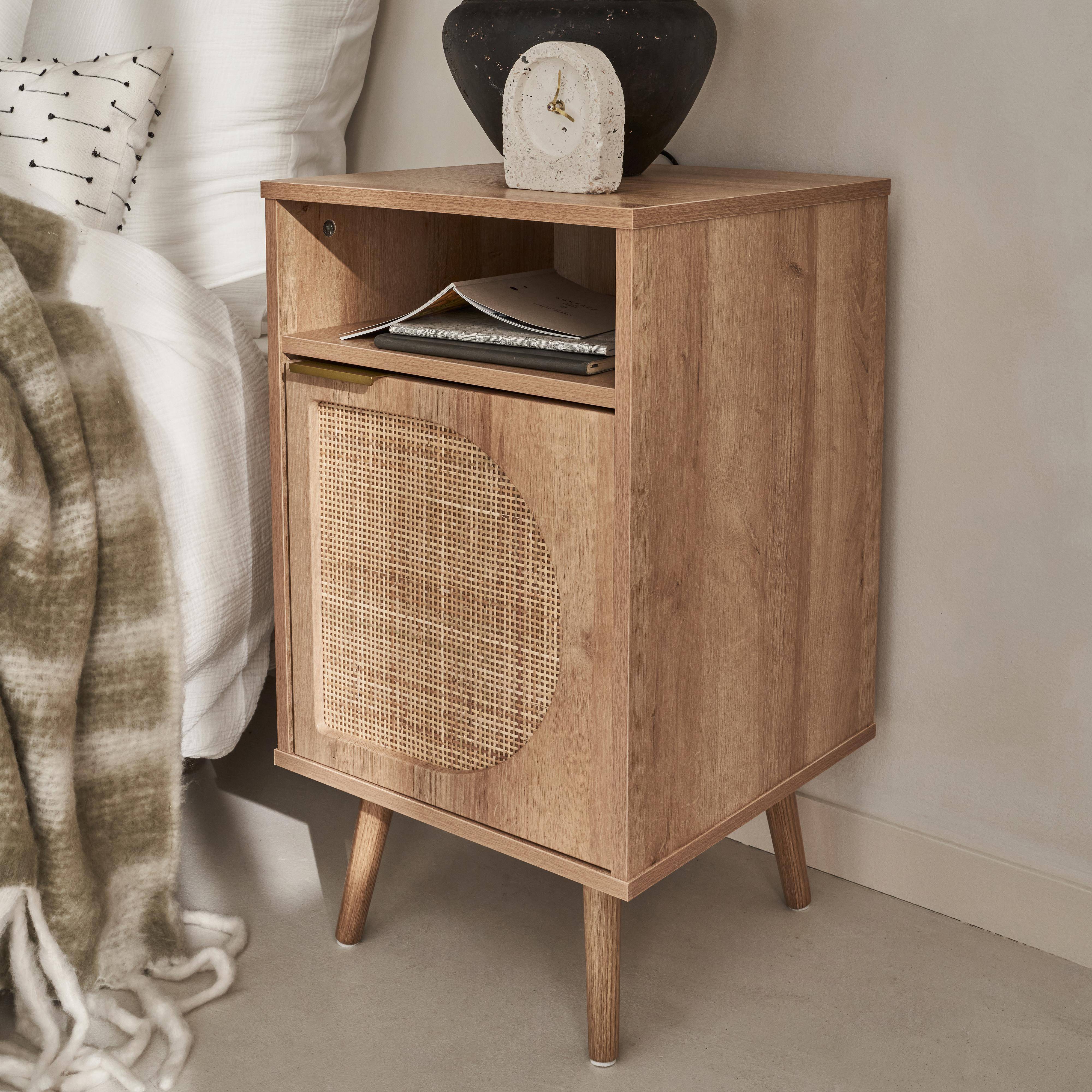 Wood and rounded cane rattan bedside table, 40x39x65.8cm, Eva, 1 cupboard, 1 storage space,sweeek,Photo2