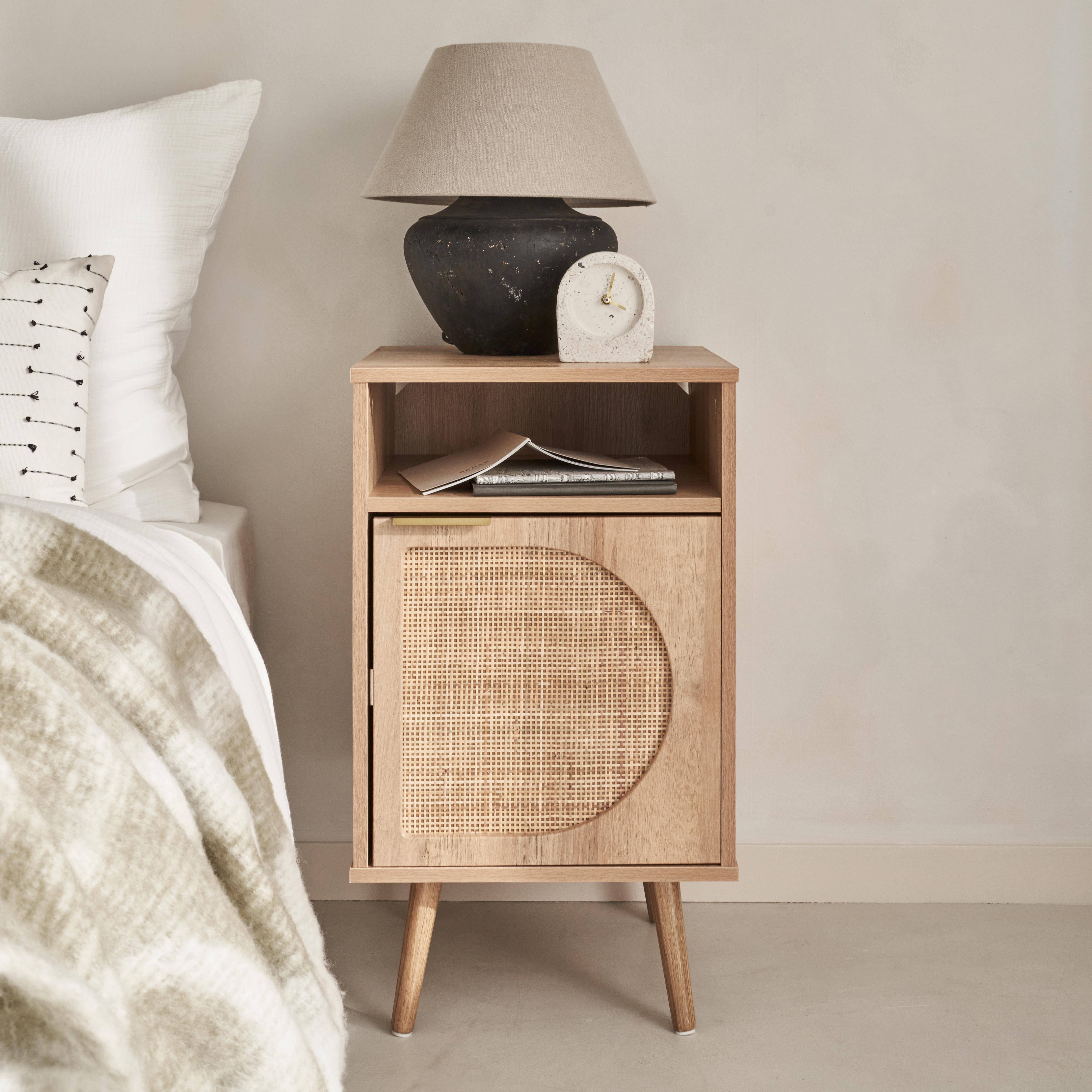 Wood and rounded cane rattan bedside table, 40x39x65.8cm, Eva, 1 cupboard, 1 storage space,sweeek,Photo1