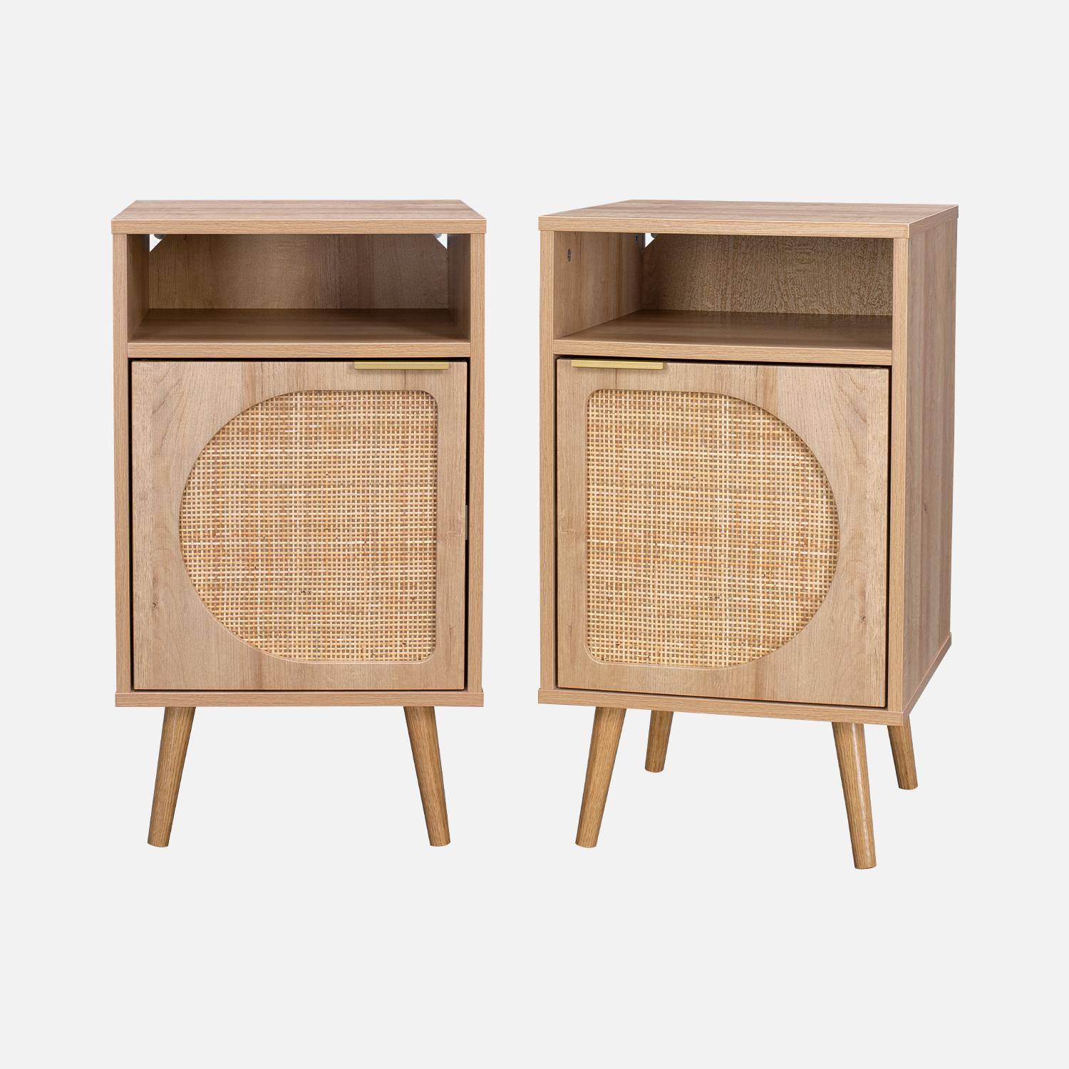 Pair of wood and rounded cane rattan bedside tables, 40x39x65.8cm, Eva, 1 cupboard, 1 storage space each Photo4