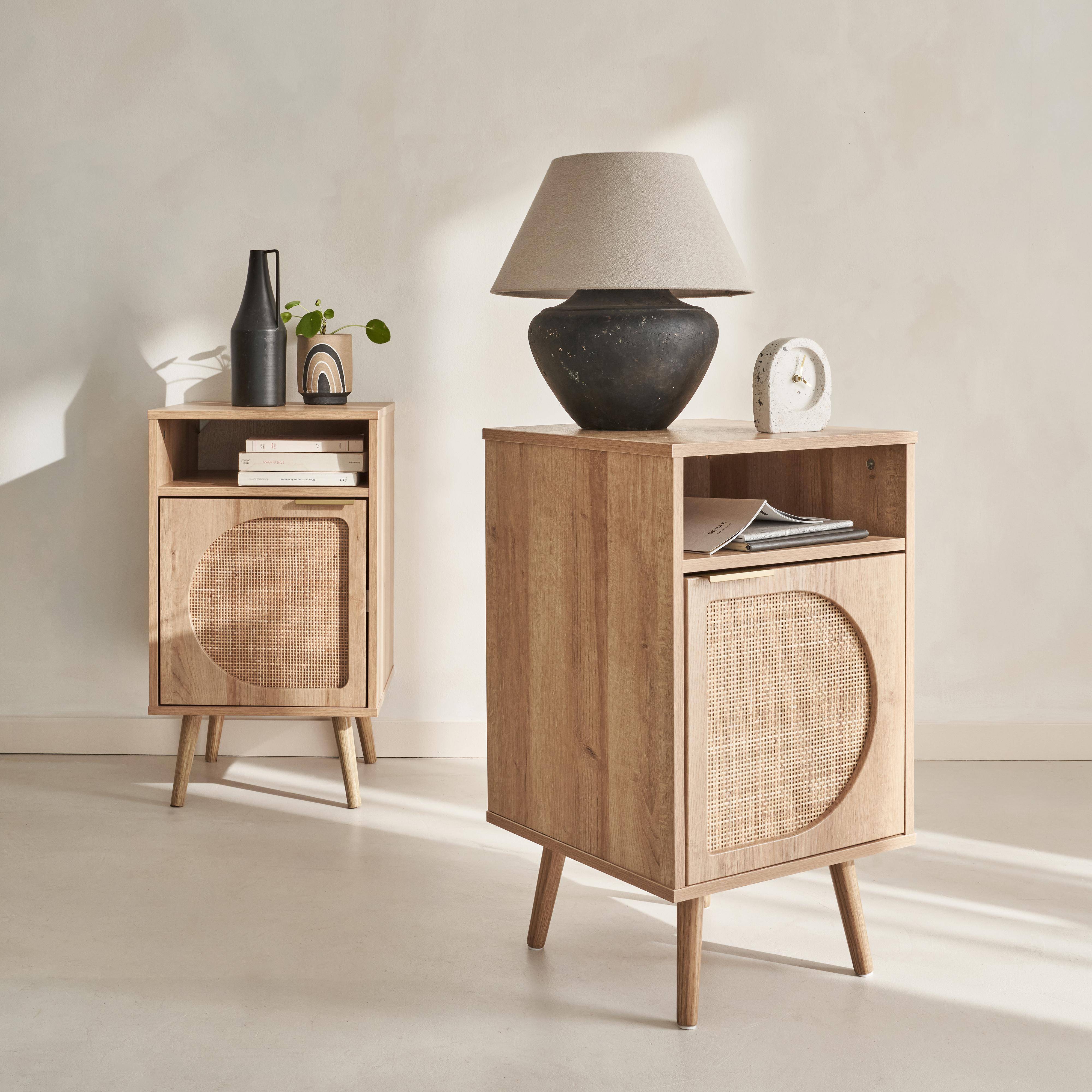 Pair of wood and rounded cane rattan bedside tables, 40x39x65.8cm, Eva, 1 cupboard, 1 storage space each Photo1