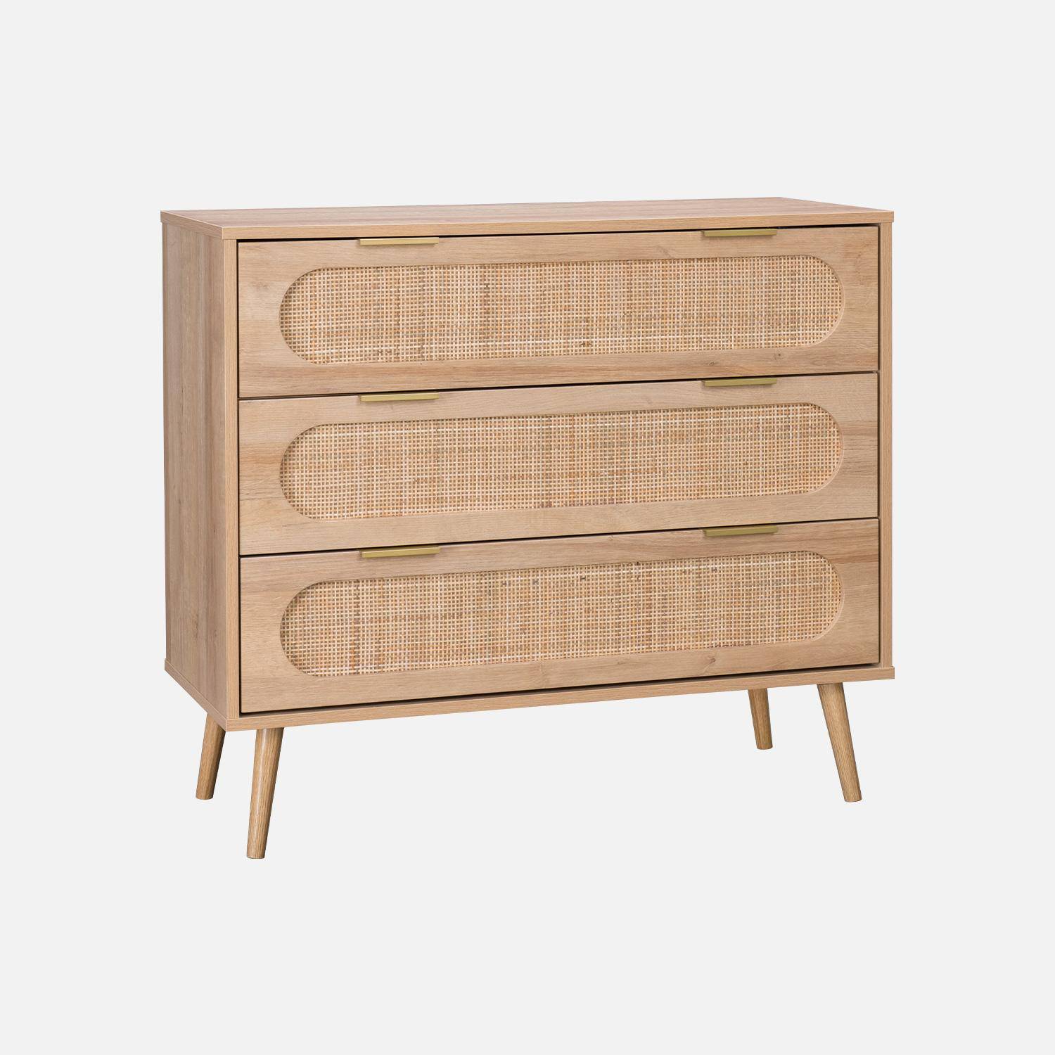 Chest of drawers, Eva, wood decor and rounded cane, 3 drawers L 90 x W 39 x H 79cm Photo4