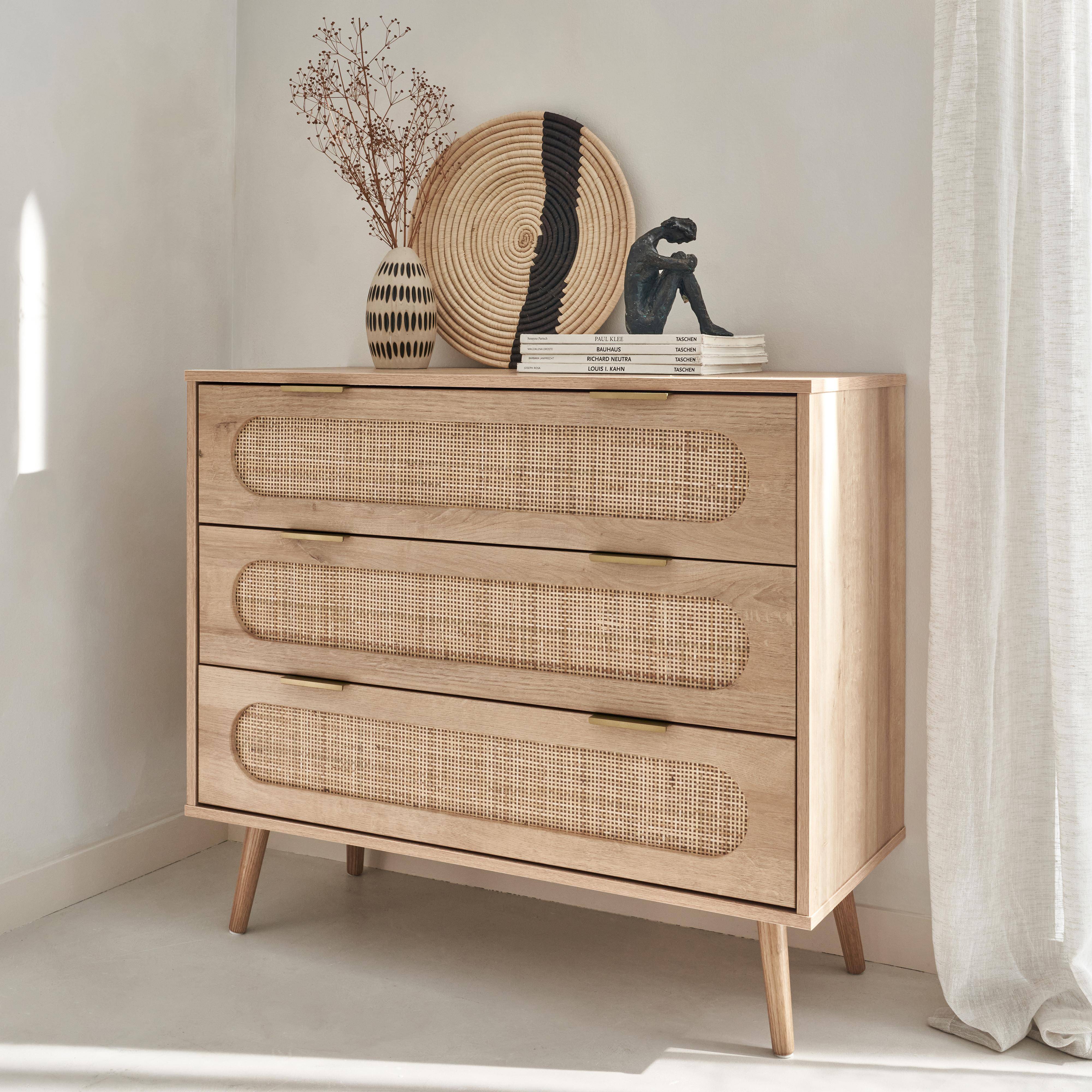 Chest of drawers, Eva, wood decor and rounded cane, 3 drawers L 90 x W 39 x H 79cm Photo2