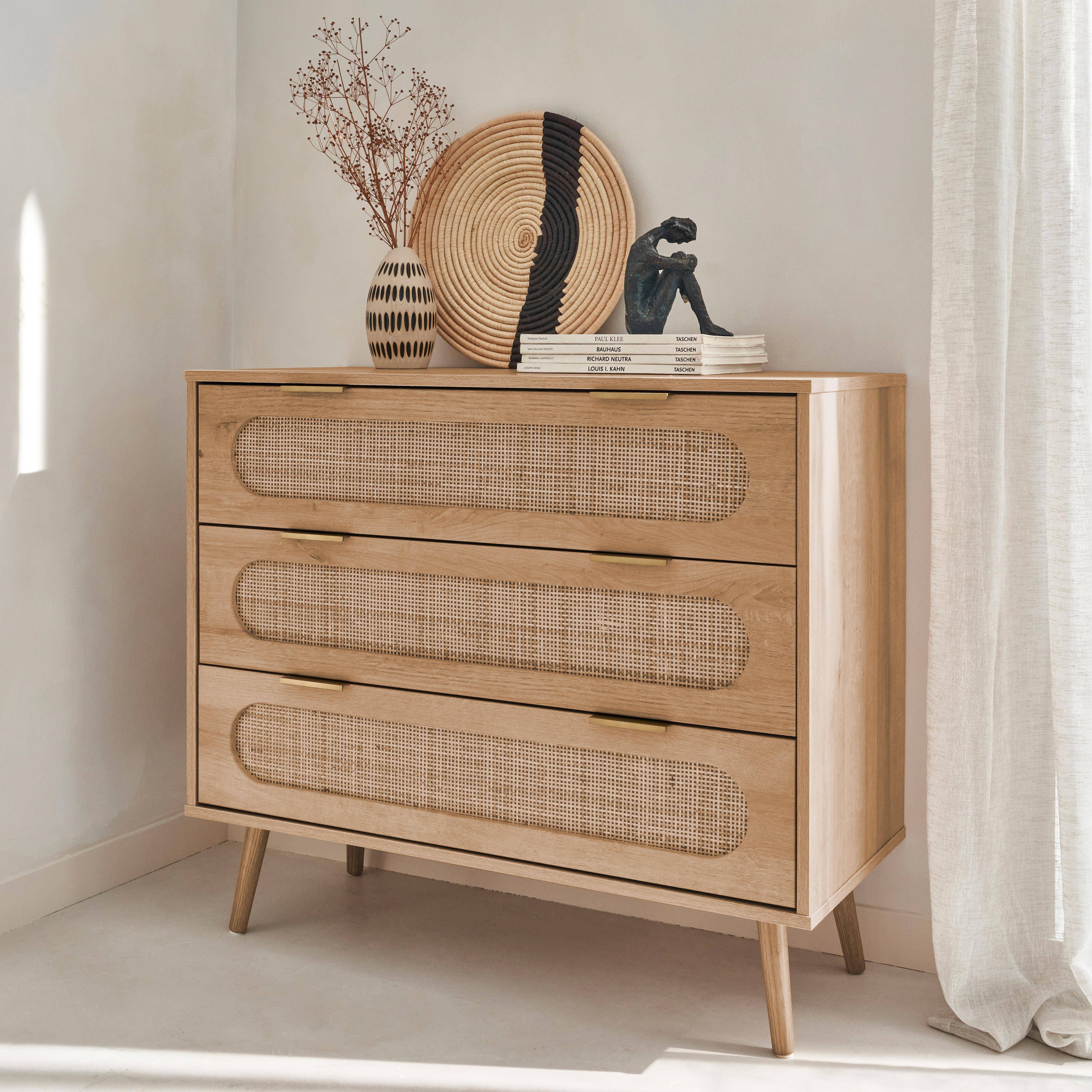 Kommode Holzdekor, abgerundetes Rattan-Geflecht, 3 Schubladen B 90 cm