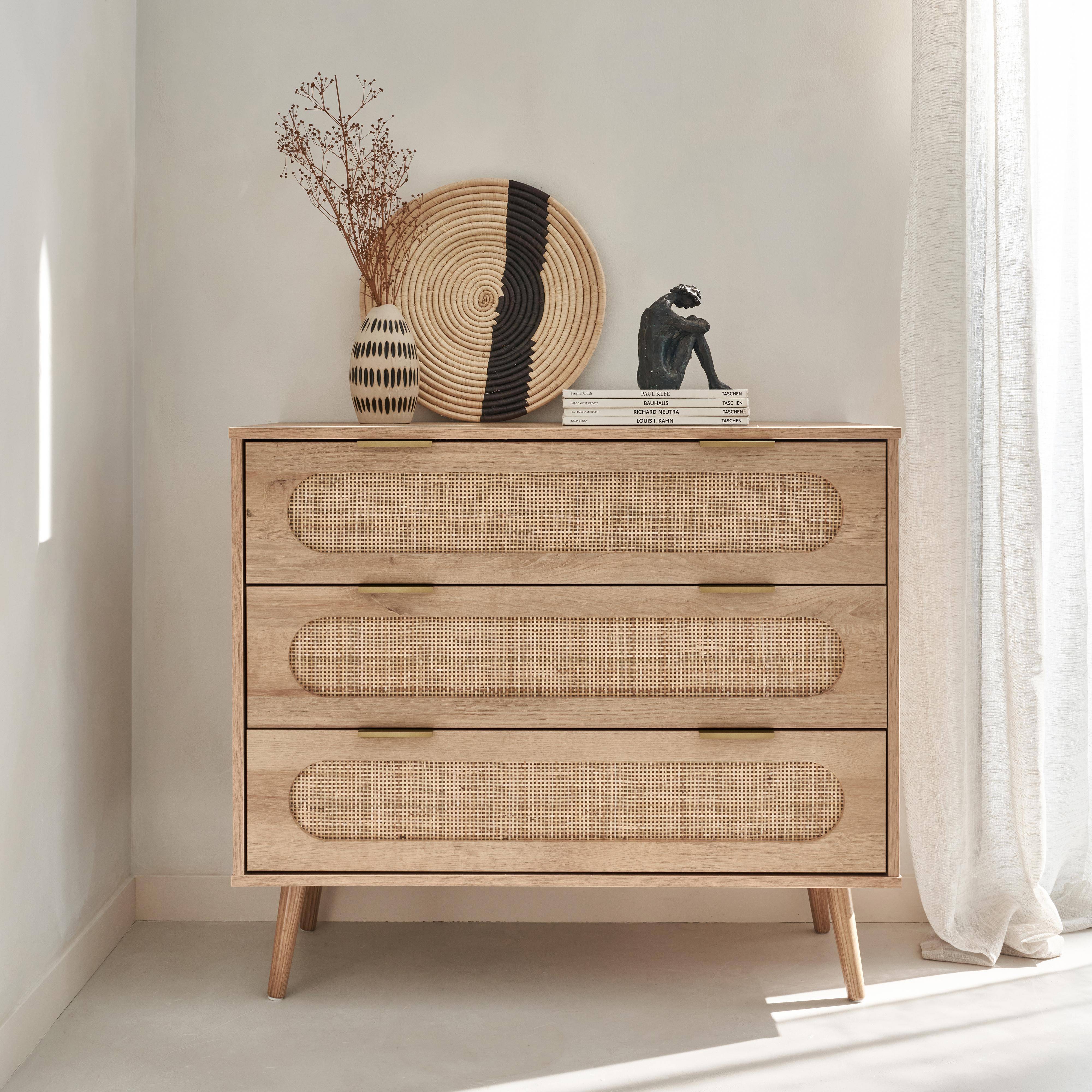 Chest of drawers, Eva, wood decor and rounded cane, 3 drawers L 90 x W 39 x H 79cm Photo1
